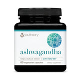Youtheory envase frontal de Ashwagandha mostrando formato y beneficio