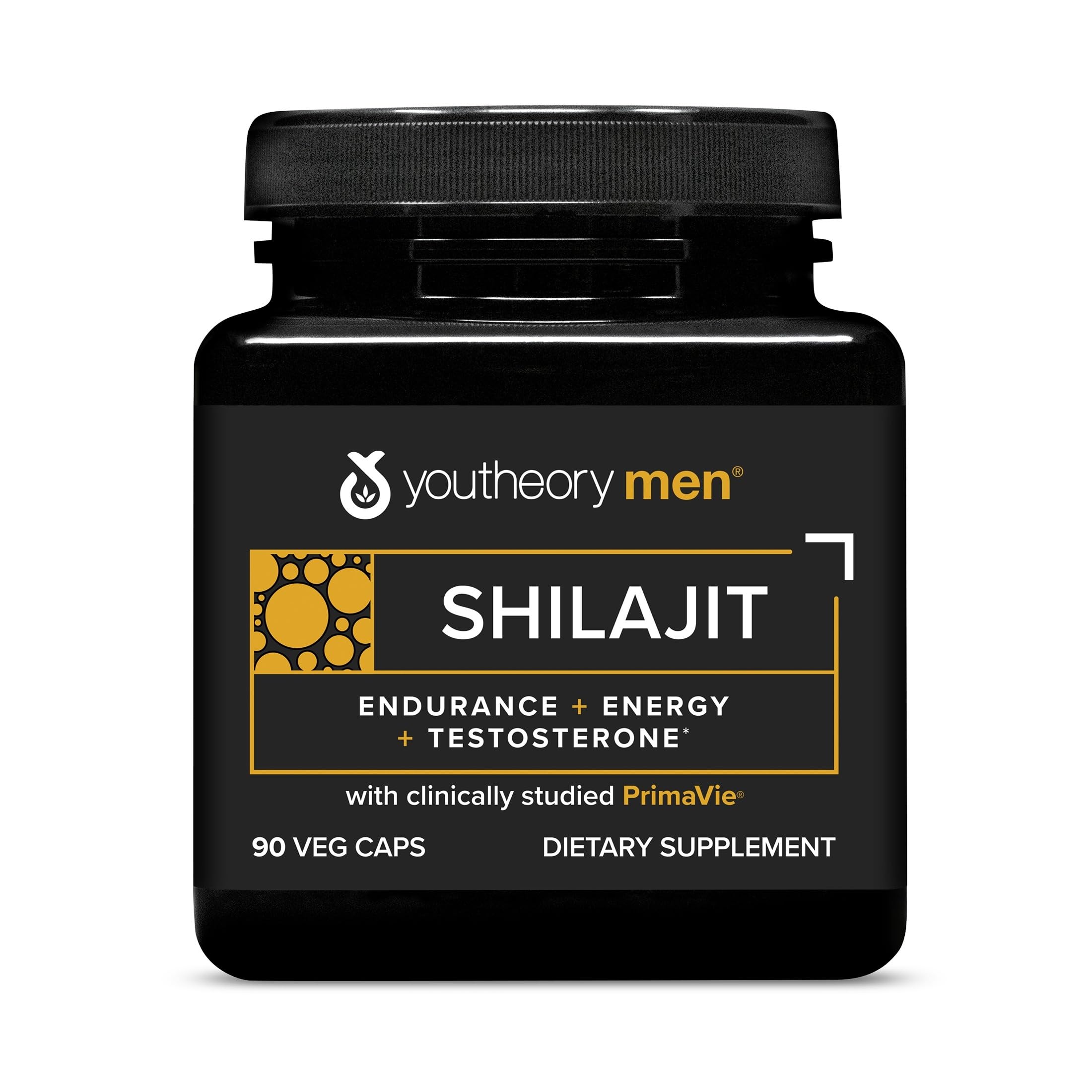 Youtheory envase frontal de Shilajit mostrando presentación de 90 cápsulas y beneficio de conveniencia