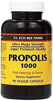 YS Organic frasco frontal del pack de propóleos mostrando etiqueta y beneficio práctico