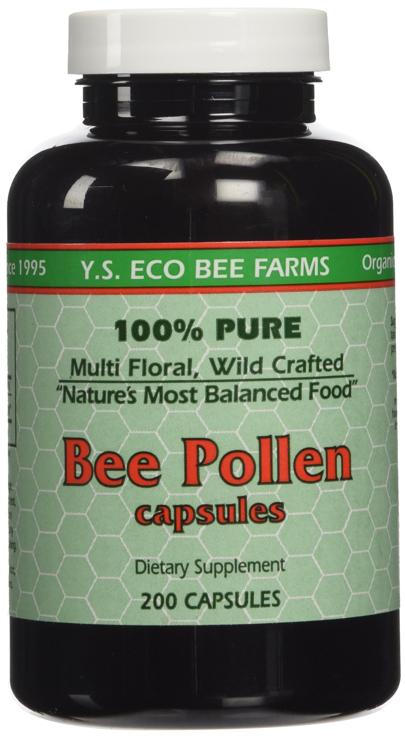 YS Royal Jelly bote de polen de abeja mostrando etiqueta y beneficio natural