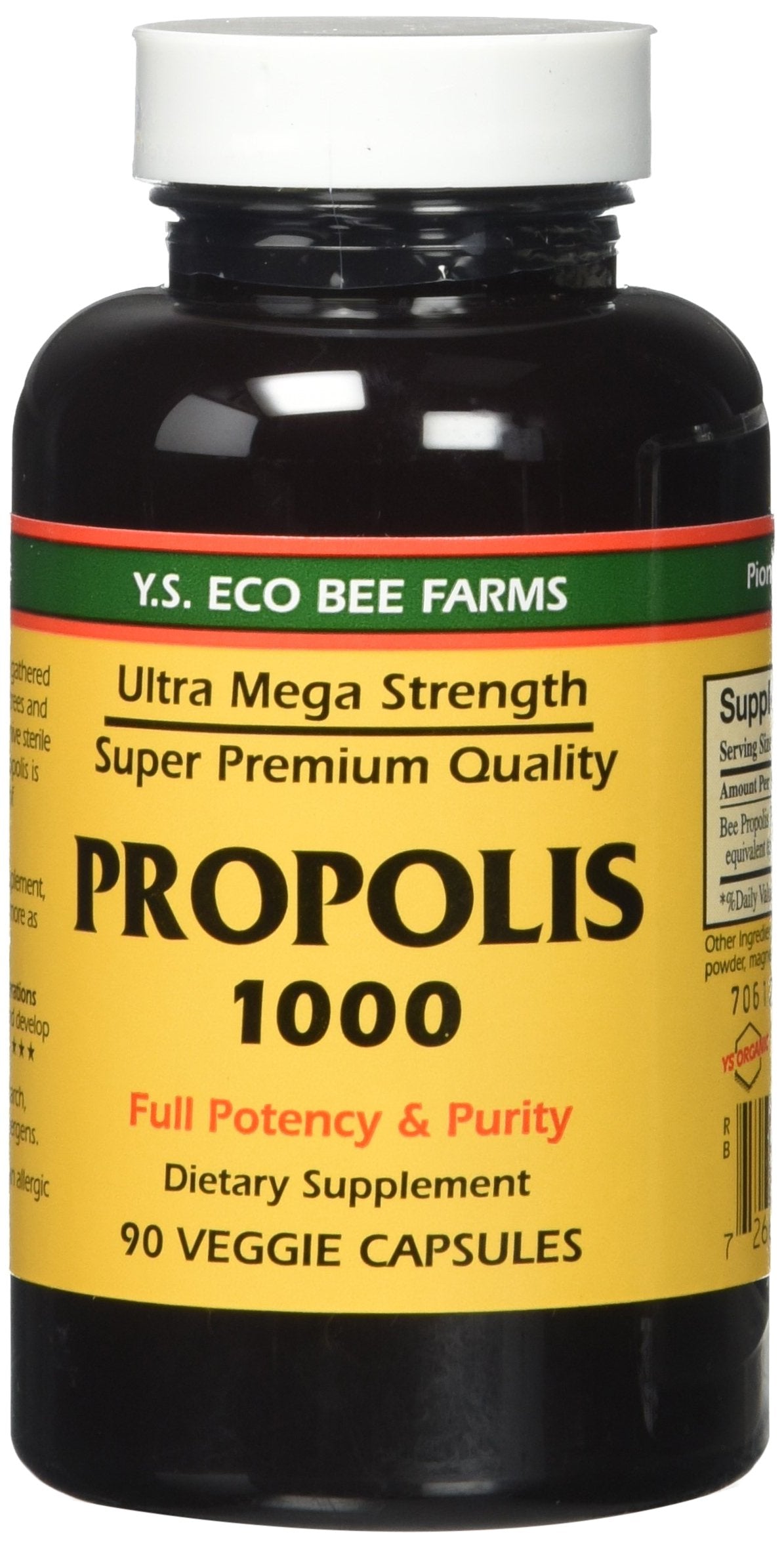 YS Organic frasco frontal de própolis crudo 1000mg, presentación práctica y durable