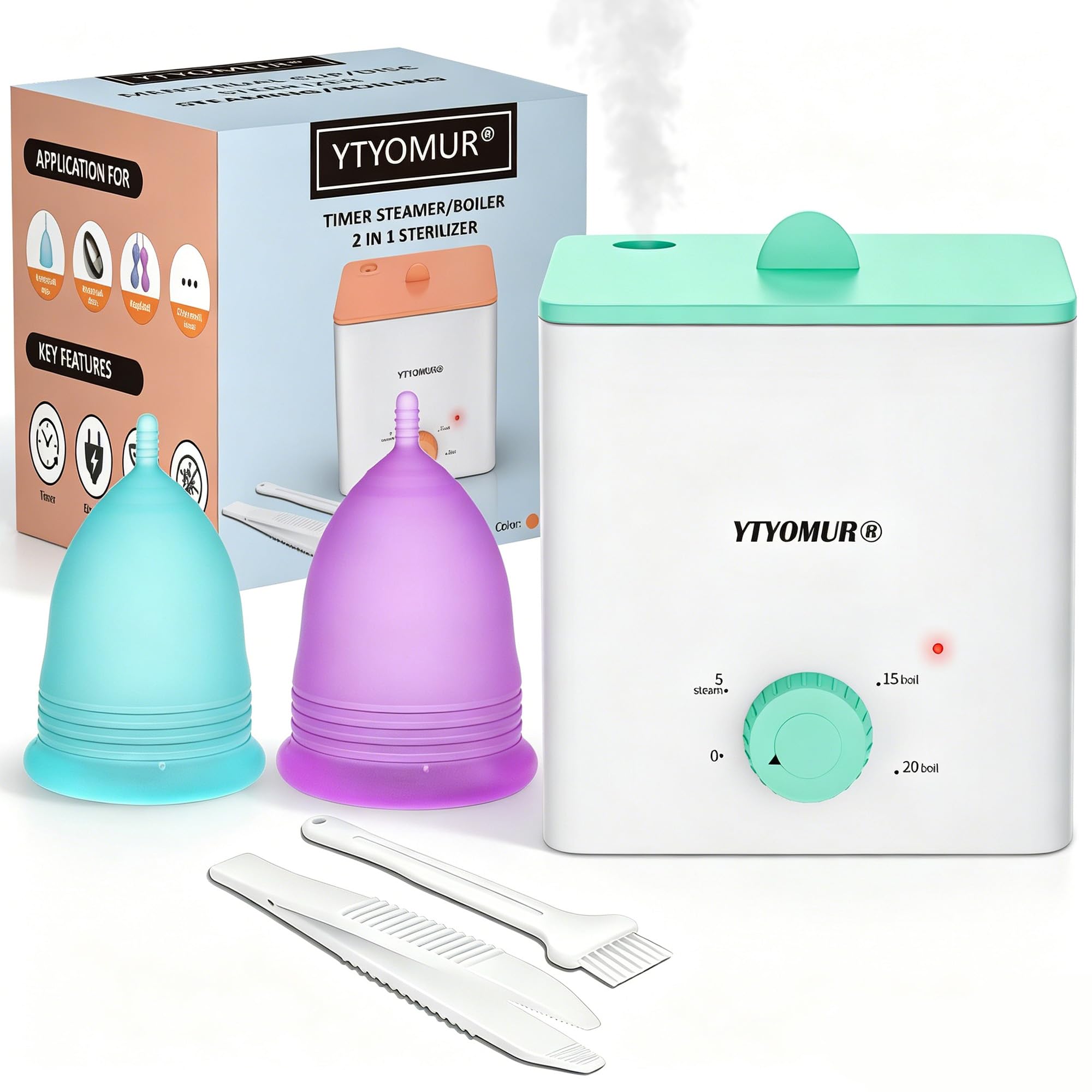 YTYOMUR vista frontal del pack mostrando copas y esterilizador, ahorro sostenible