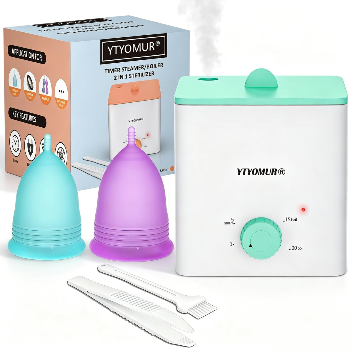 YTYOMUR vista frontal del pack mostrando copas y esterilizador, ahorro sostenible