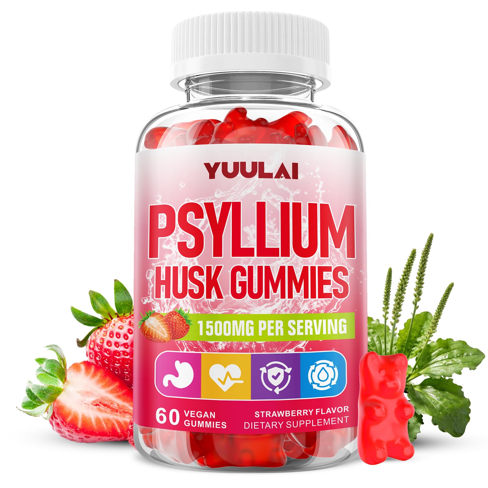 YUULAI frontal del envase mostrando 60 gomitas y beneficios claros