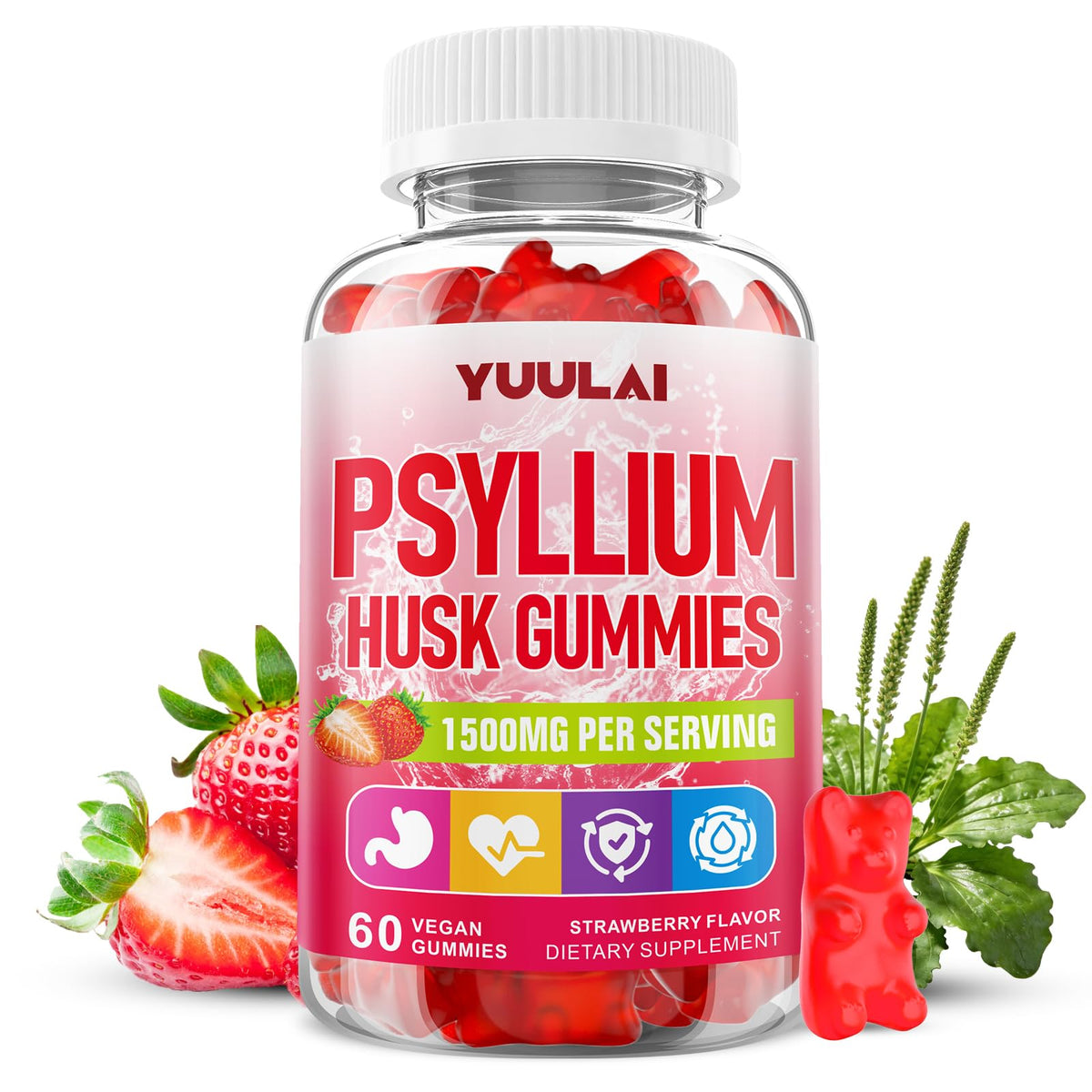 YUULAI frontal del envase mostrando 60 gomitas y beneficios claros