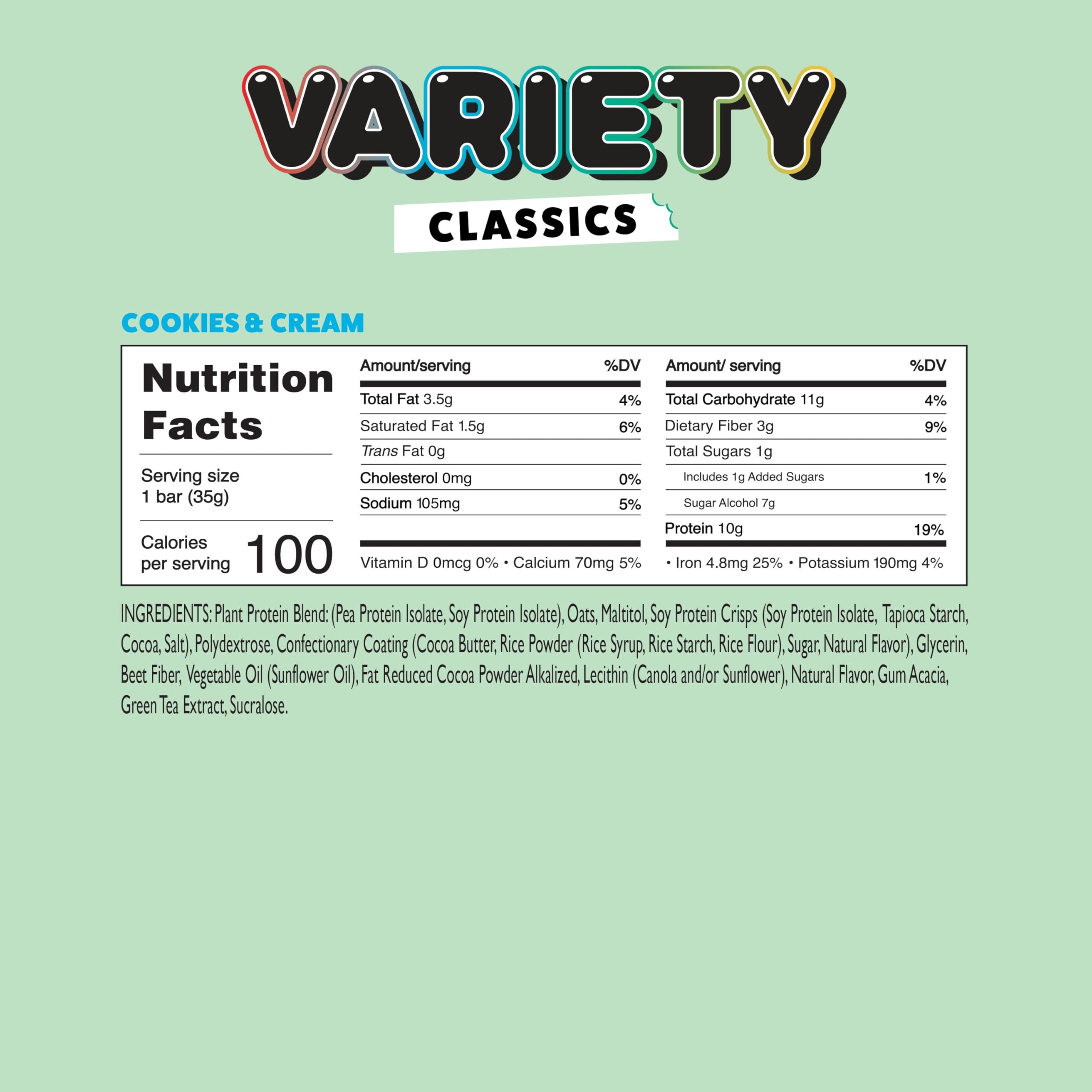 YuBi Bar etiqueta nutricional destacando 100 calorías y 10 g proteína