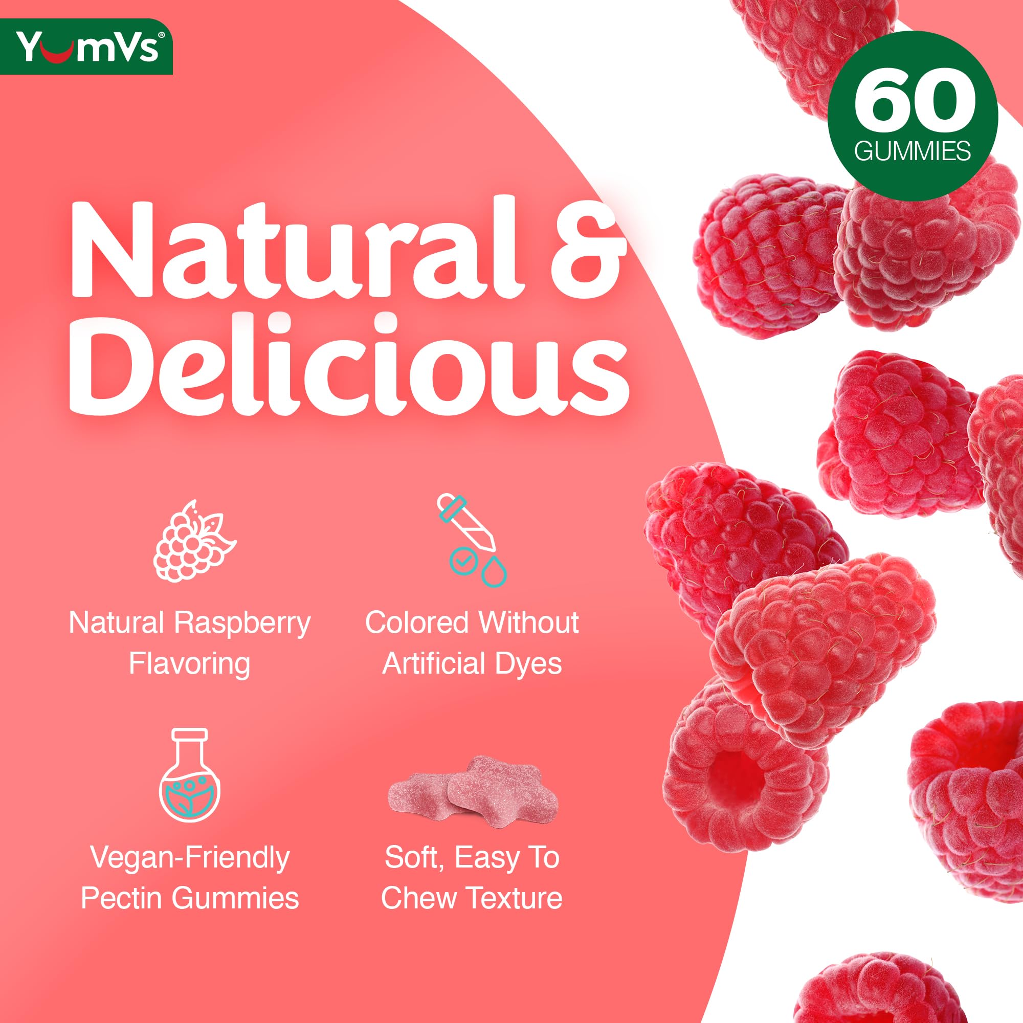 YUM-V'S detalle de la etiqueta con información de ingredientes y beneficios