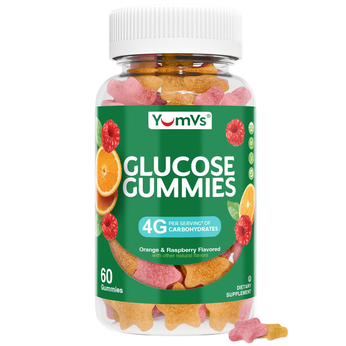 YUM-V'S frasco frontal mostrando 60 gominolas y facilidad de transporte