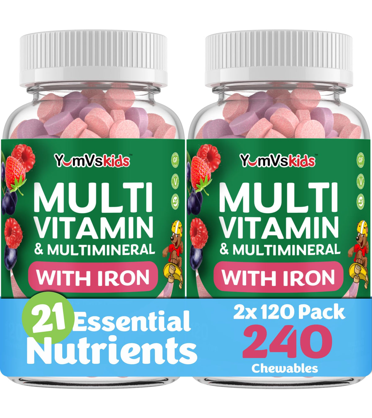 YUM-V'S envase frontal claro mostrando 120 tabletas y beneficios