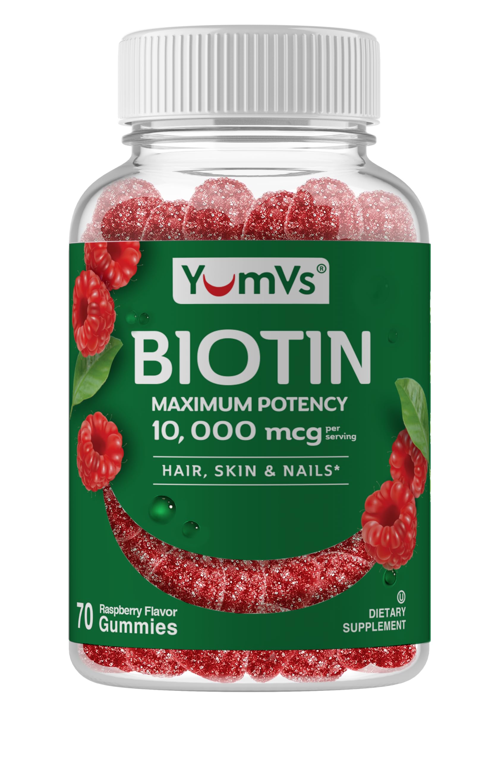 YUM-V'S botella frontal con gomitas de biotina, presentación clara y beneficio práctico