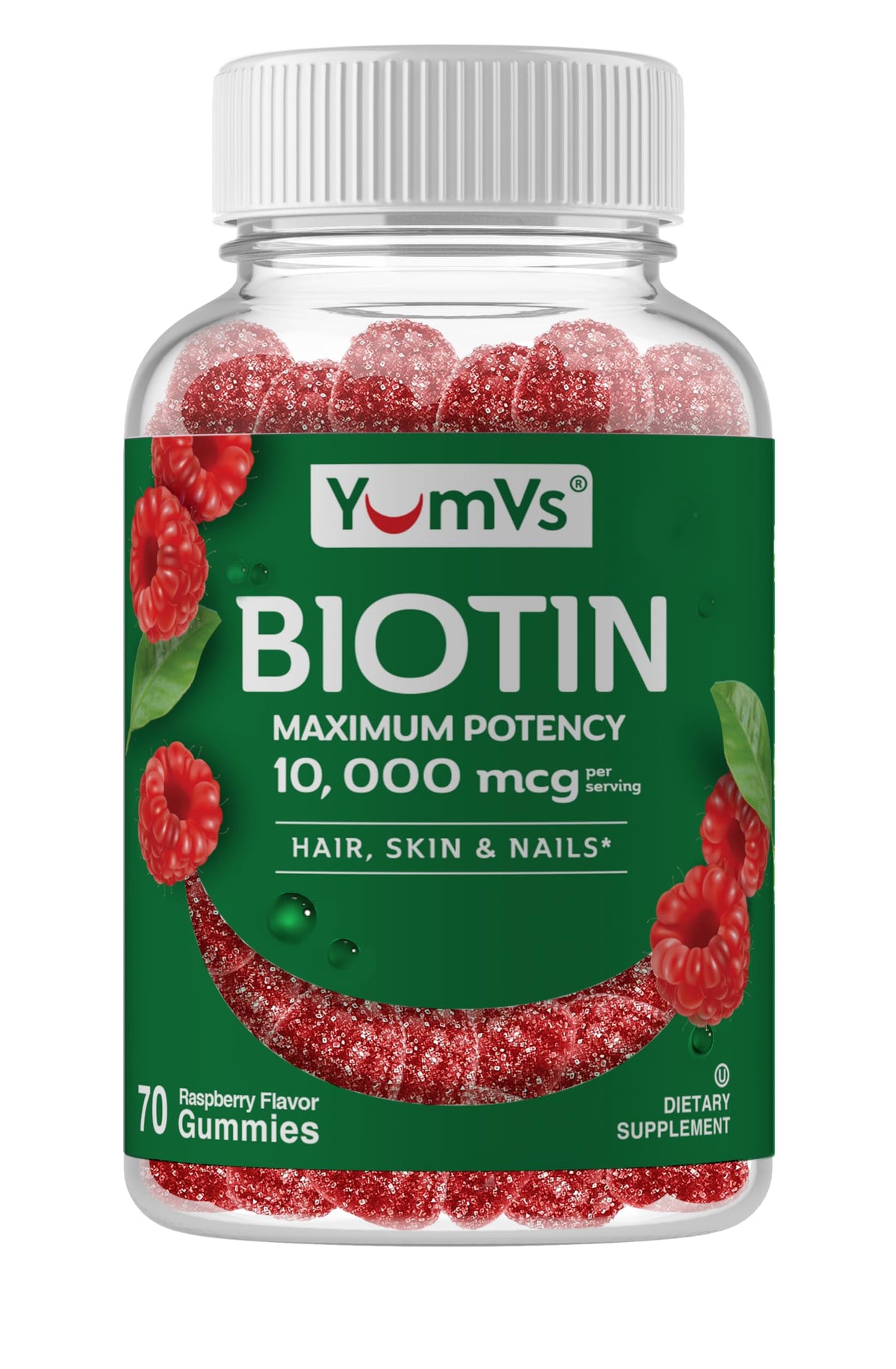 YUM-V'S botella frontal con gomitas de biotina, presentación clara y beneficio práctico