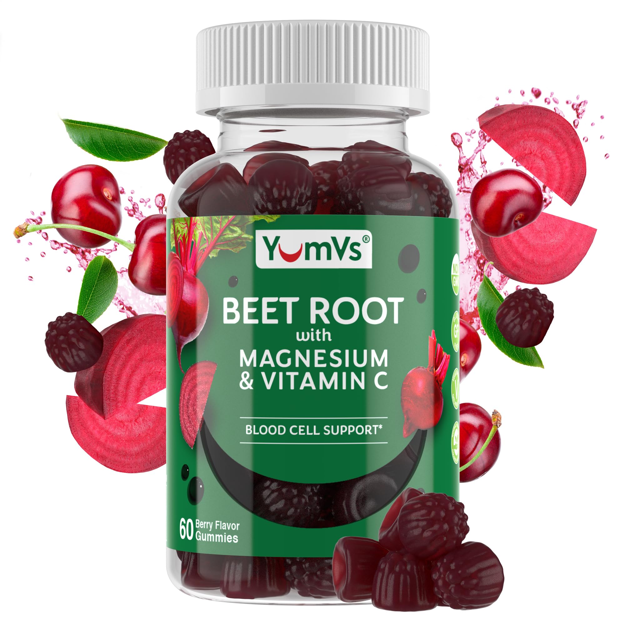 YUM-V'S envase frontal mostrando 60 gomitas y detalles de marca y sabor