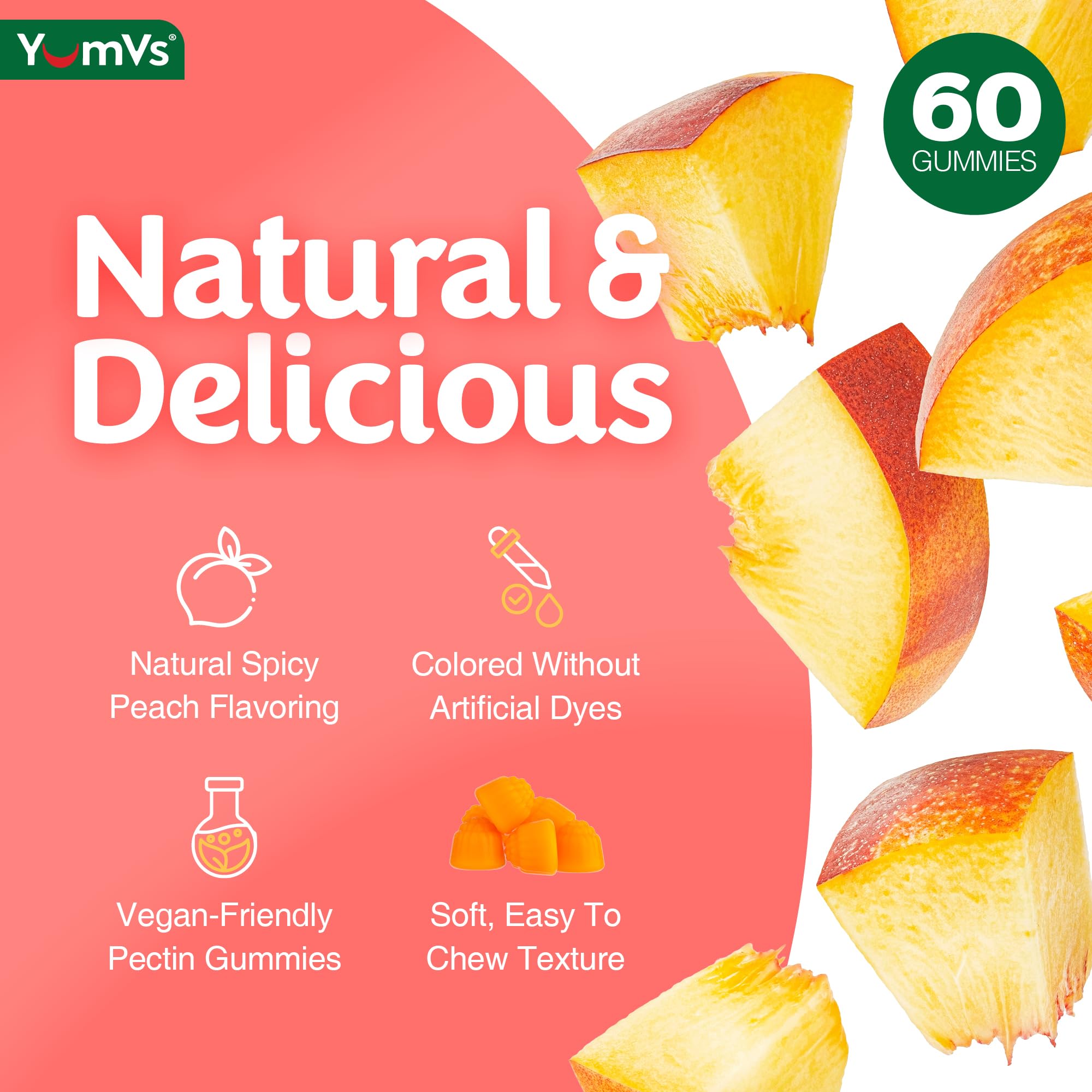 etiqueta YUM-V'S con información nutricional y beneficios para tranquilizar al comprador