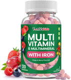 YUM-V'S frasco frontal mostrando 120 masticables, fácil identificación y duración