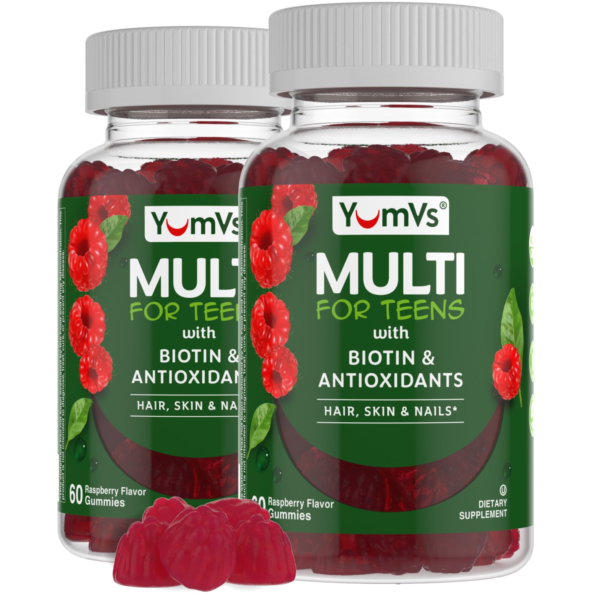 YUM-V'S frente del empaque mostrando frambuesa y beneficios para adolescentes