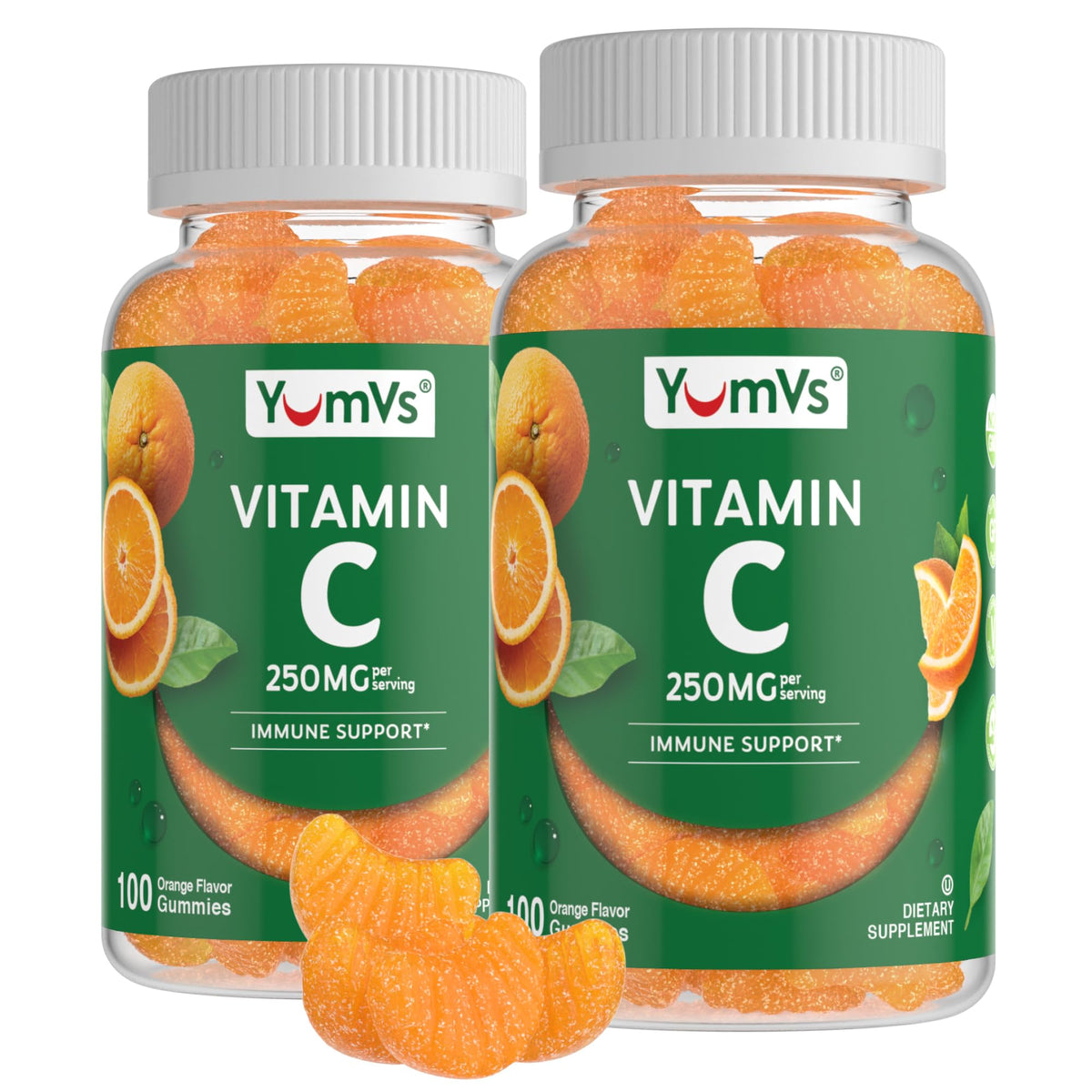 YUM-V'S frente del empaque mostrando 200 gomitas y beneficios claros