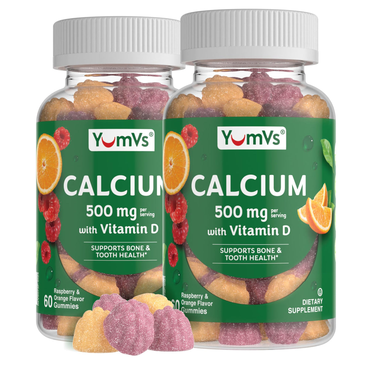 YUM-V'S envase frontal mostrando calcio y vitamina D3, fácil identificación