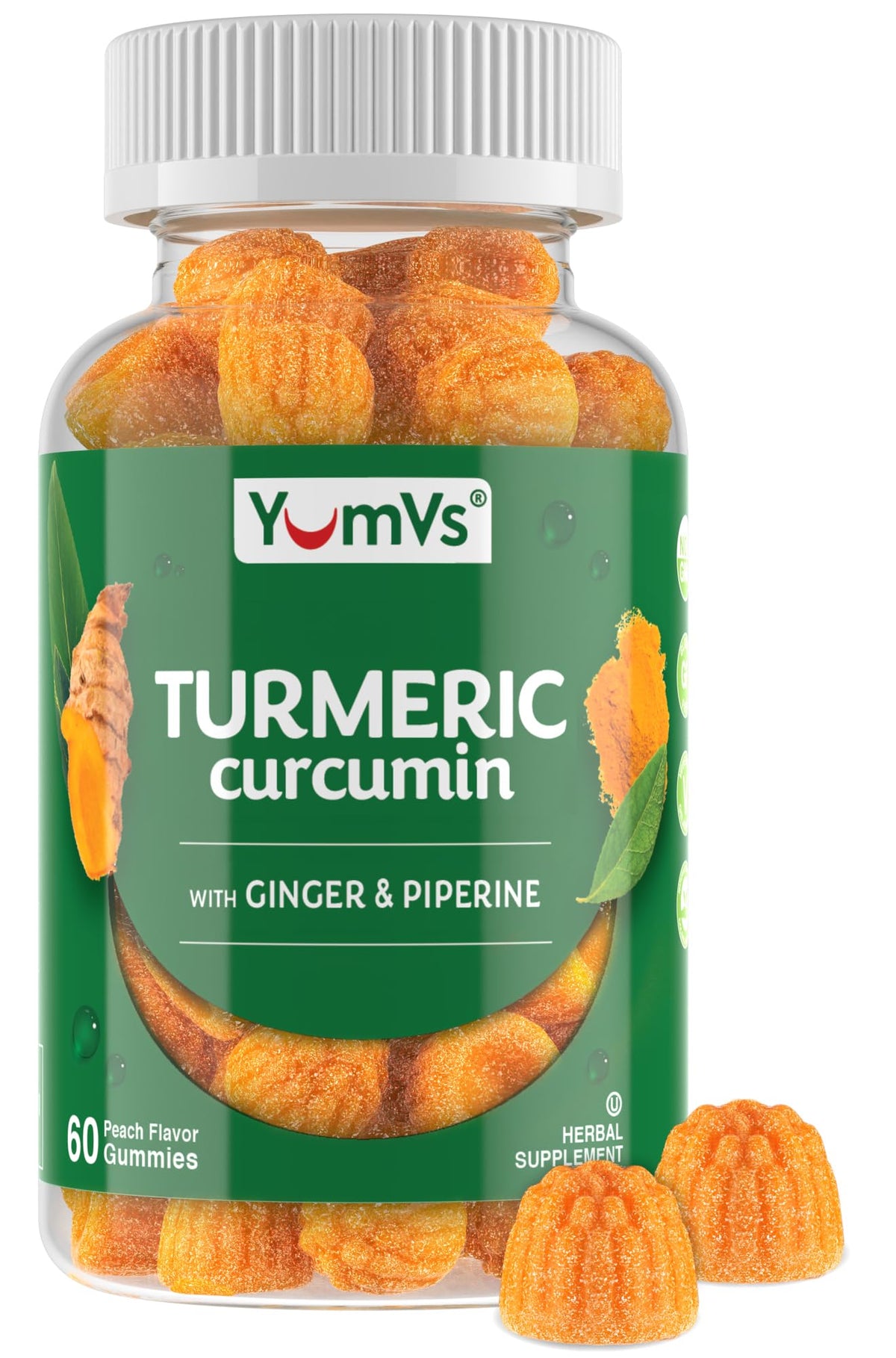 YUM-V'S envase frontal de gomitas de cúrcuma sabor durazno mostrando cantidad y marca