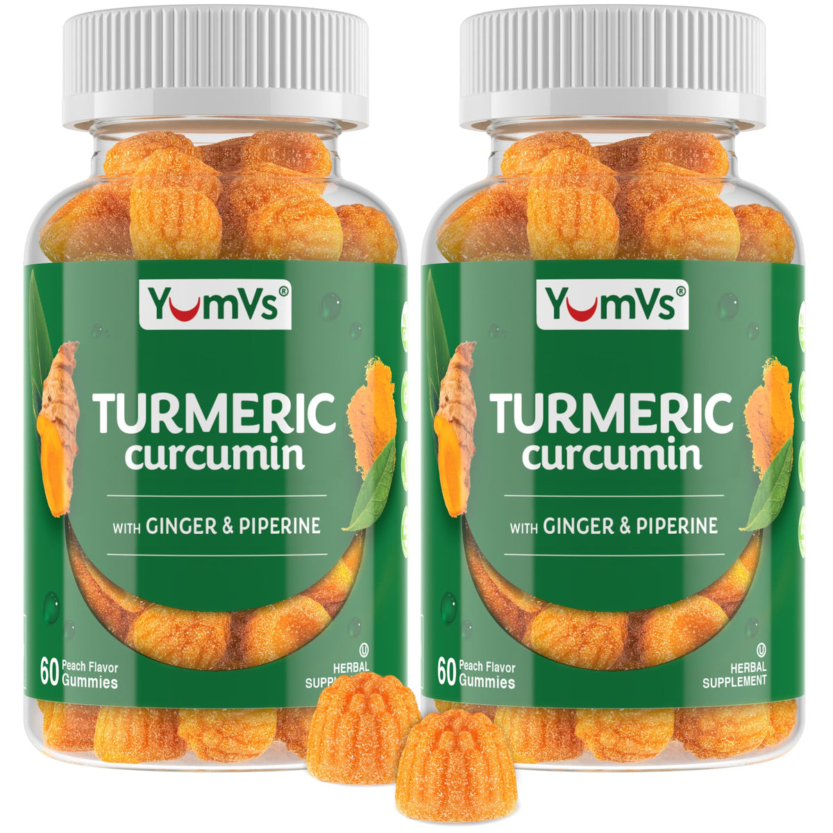 YUM-V'S frasco frontal de gomitas de cúrcuma sabor durazno mostrando el envase