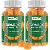YUM-V'S frasco frontal de gomitas de cúrcuma sabor durazno mostrando el envase