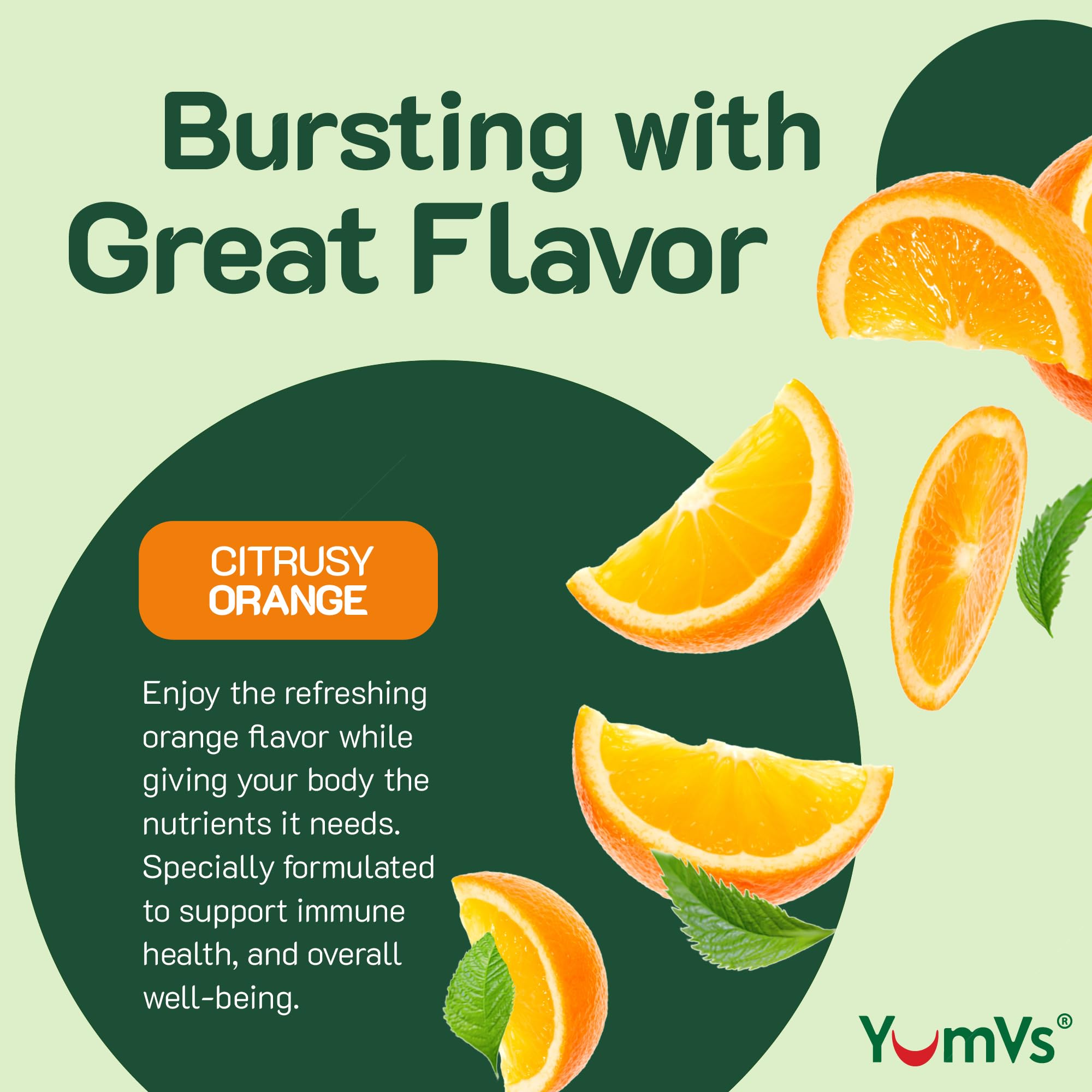YUM-V'S porción de gomitas sobre platillo con naranjas frescas, sabor natural