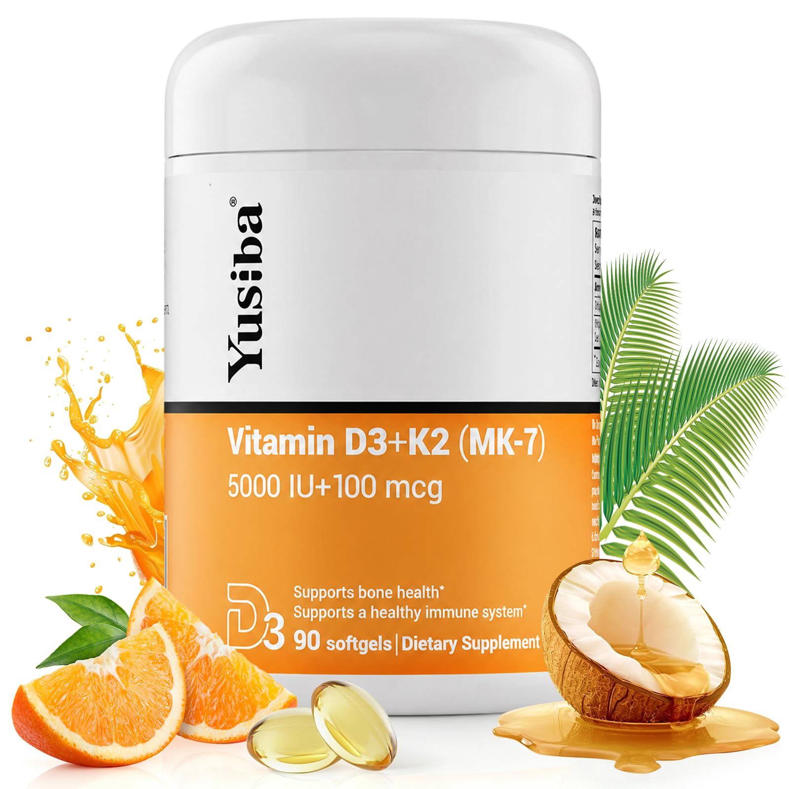 Yusiba envase frontal mostrando D3 5000 IU y K2 100 mcg, claridad de dosis