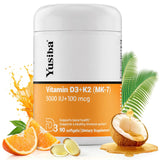 Yusiba envase frontal mostrando D3 5000 IU y K2 100 mcg, claridad de dosis