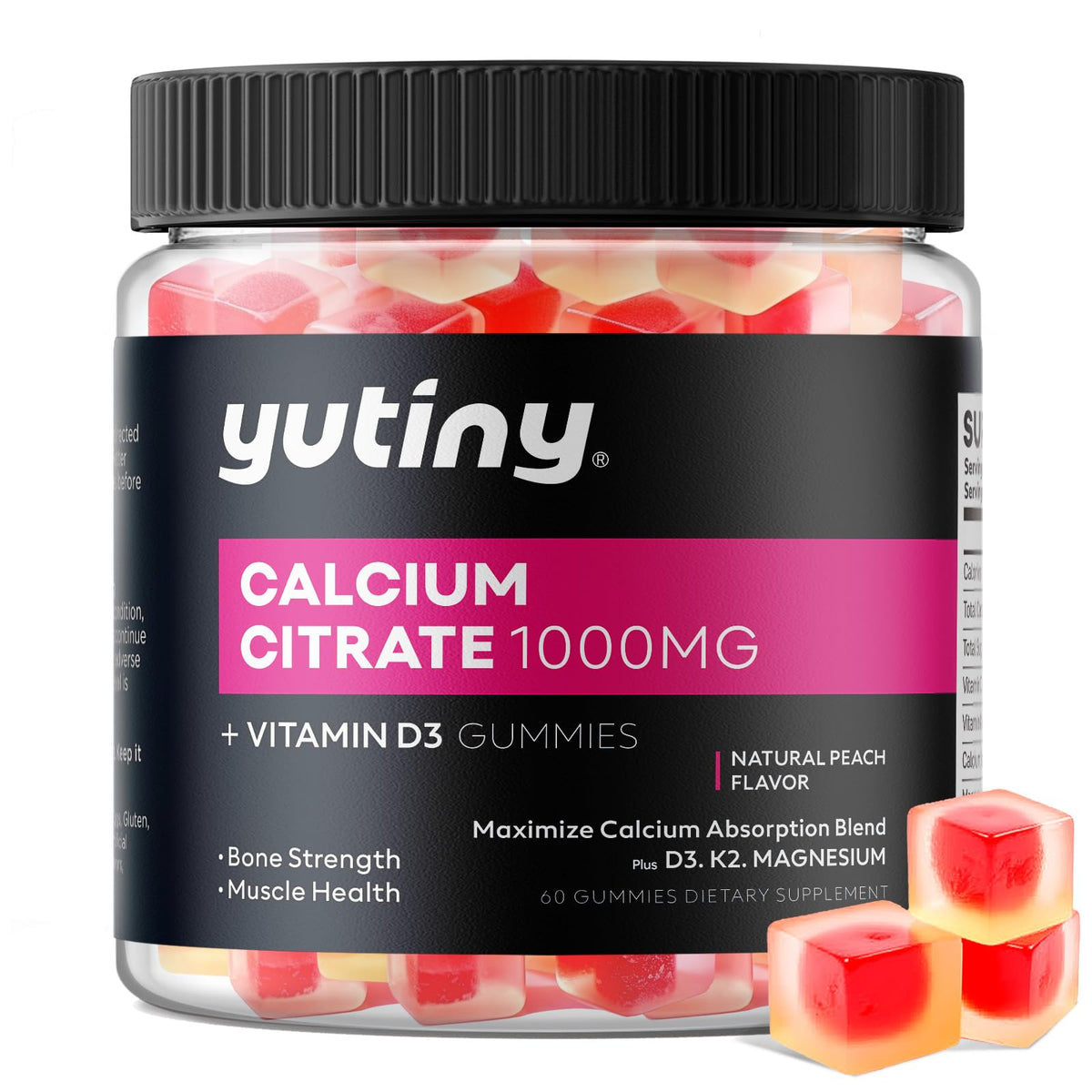 Yutiny frasco frontal mostrando 60 gomitas y conveniencia diaria