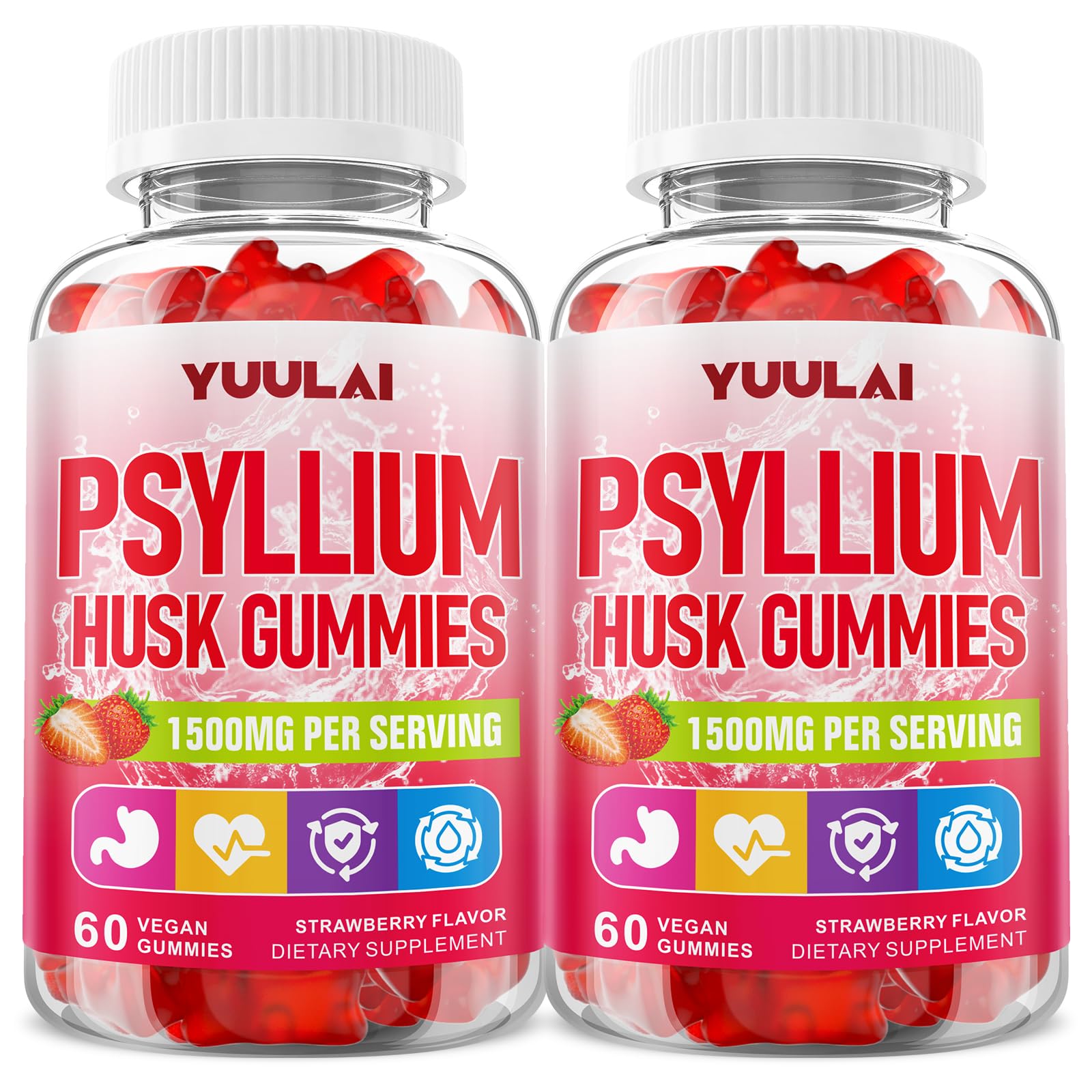 YUULAI envase frontal de gomitas psyllium muestra la presentación y beneficio práctico