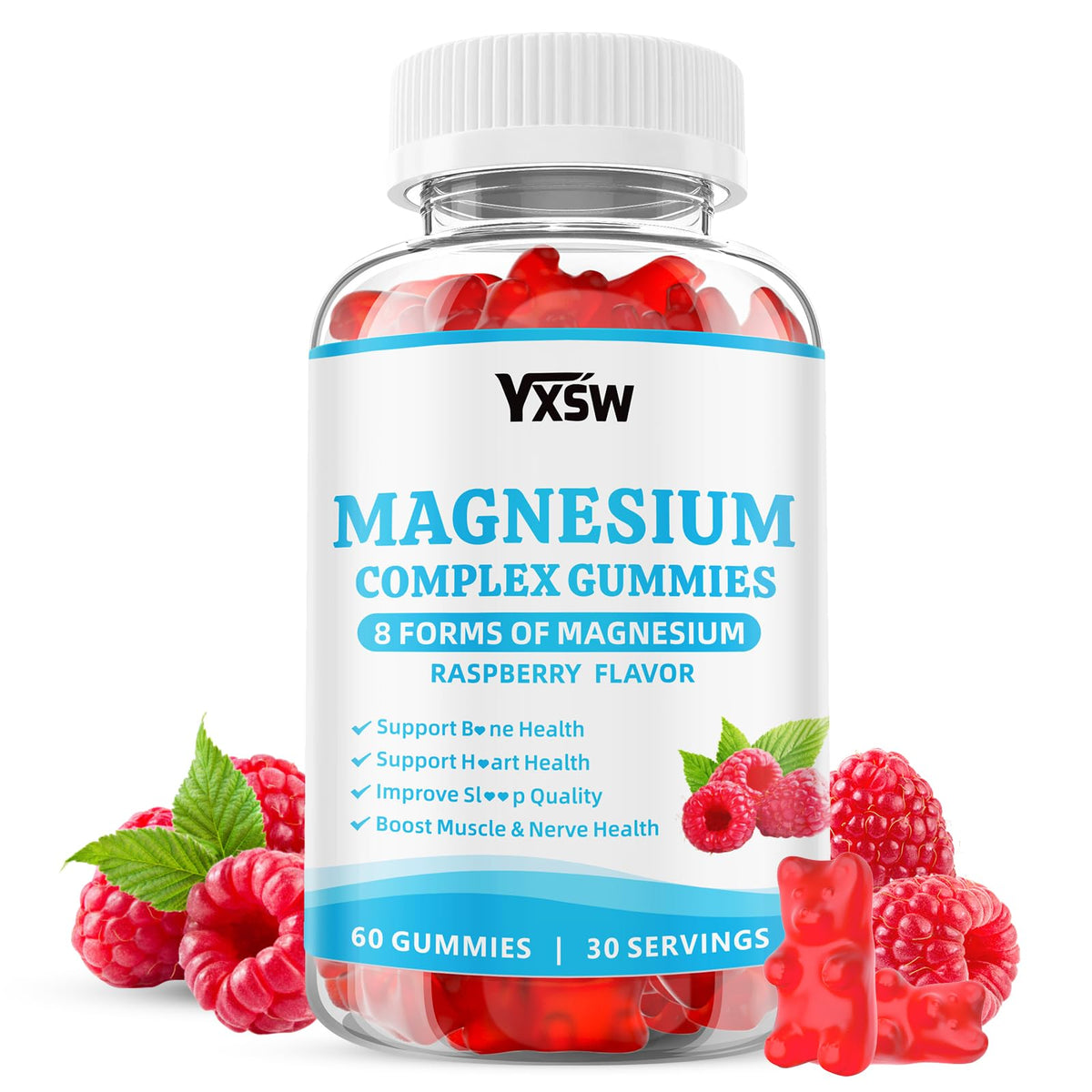YXSW frasco frontal de Magnesium Complex Gummies mostrando etiqueta clara y beneficio