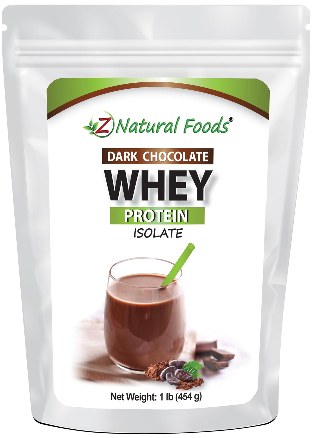 Z Natural Foods paquete frontal mostrando etiqueta y sabor chocolate oscuro, conveniencia y calidad