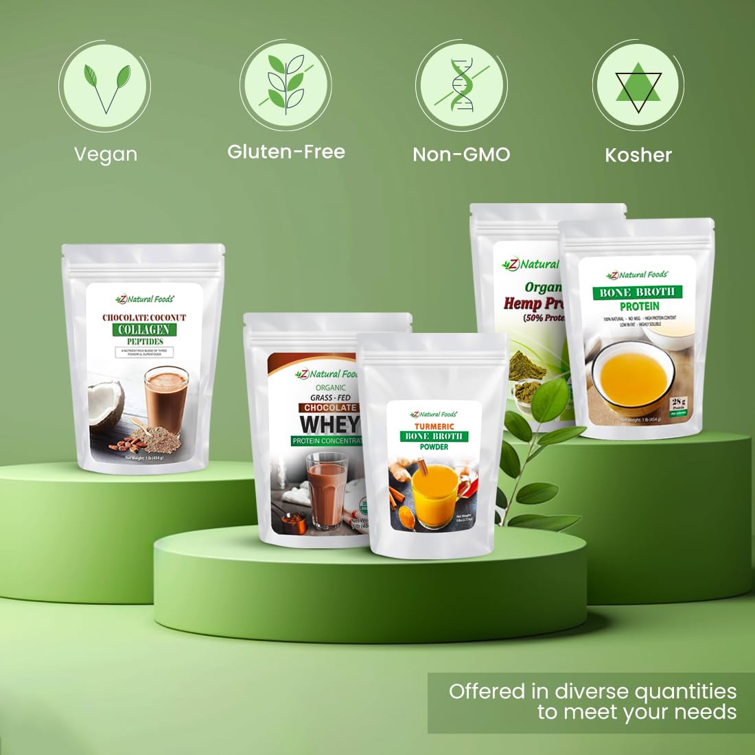 Cacao orgánico y hojas de stevia junto al producto Z Natural Foods destacando ingredientes naturales
