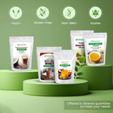 Cacao orgánico y hojas de stevia junto al producto Z Natural Foods destacando ingredientes naturales