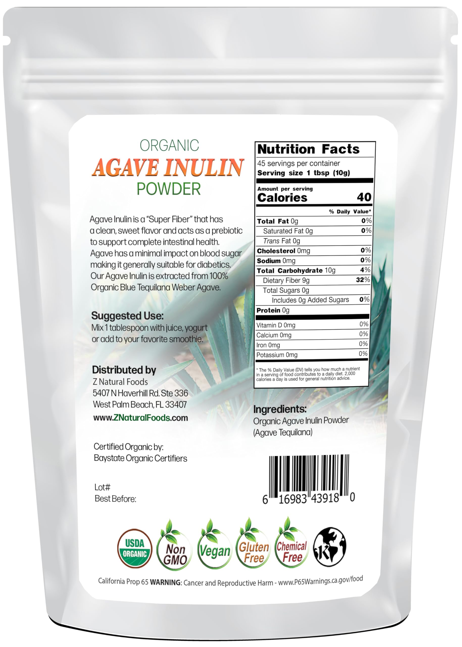 Z Natural Foods primer plano del polvo de inulina mostrando textura fina y mezcla fácil