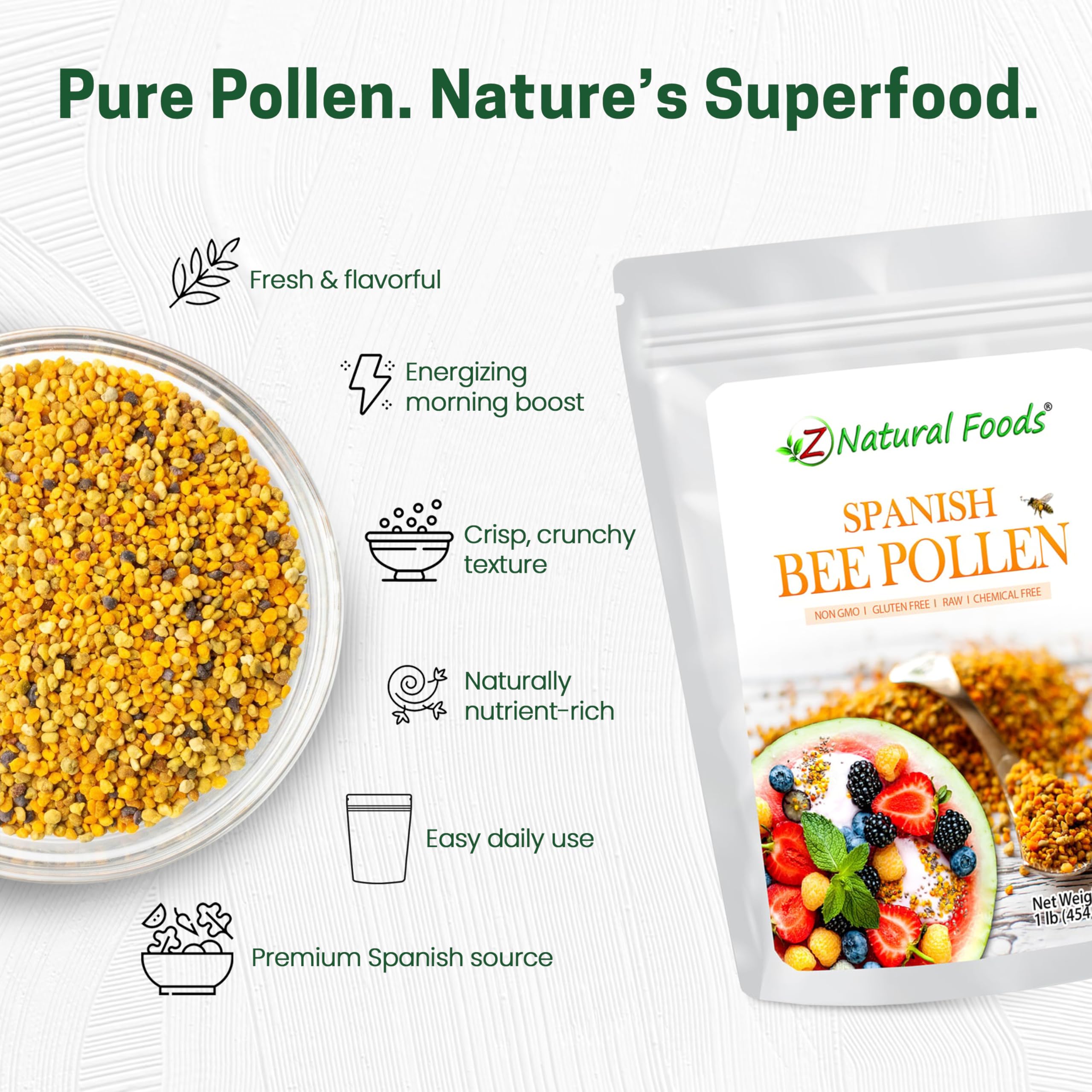 Z Natural Foods cuenco con polen listo para usar, facilita incorporación diaria