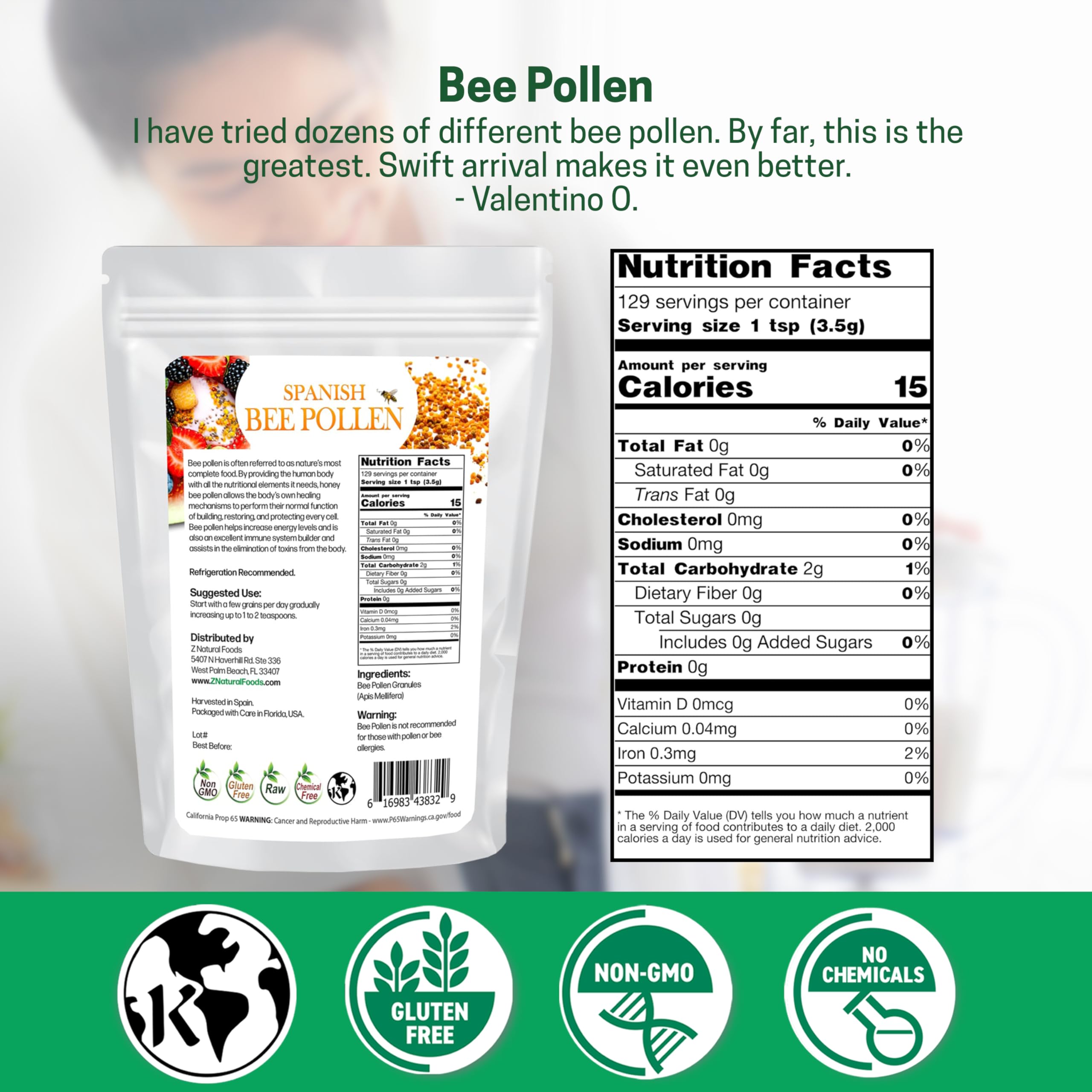 Z Natural Foods detalle de gránulos de polen resaltando textura nutritiva