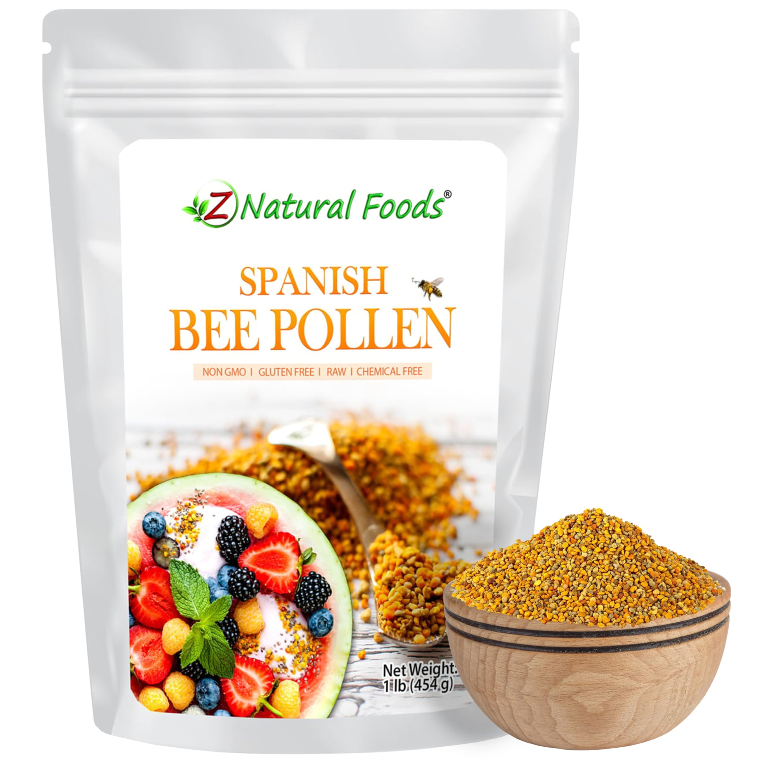 Z Natural Foods envase frontal de polen de abeja mostrando pureza y origen