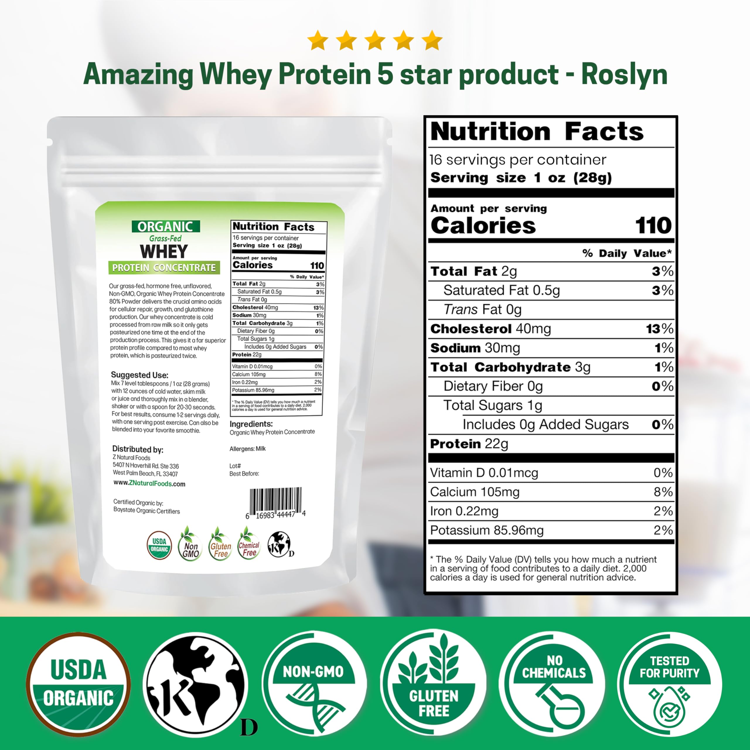 Z Natural Foods polvo textura cercana, muestra solubilidad y finura