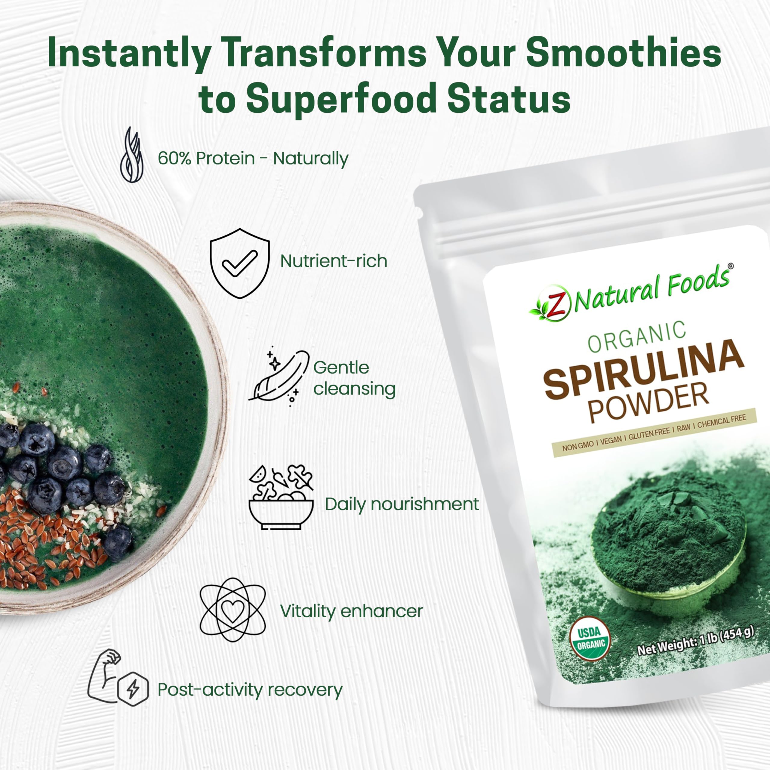 Z Natural Foods batido verde con spirulina, aporte proteico instantáneo