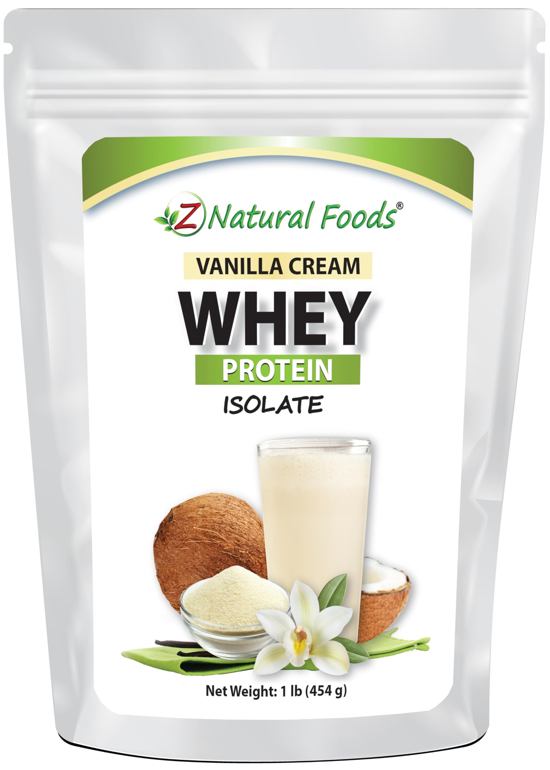 Z Natural Foods envase frontal mostrando vainilla cream, conveniente y claro