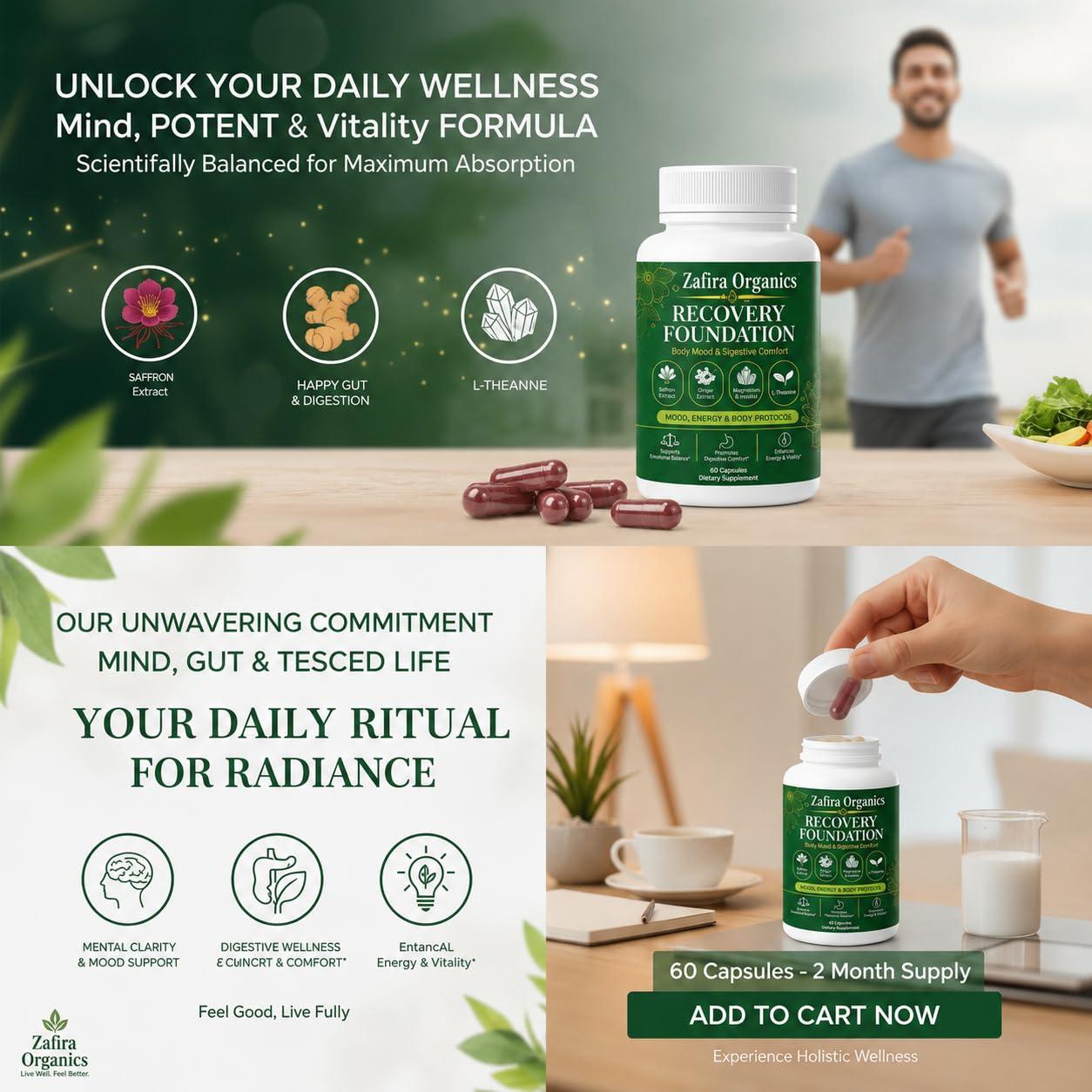 Zafira Organics cápsula en mano que ilustra dosis y facilidad de uso