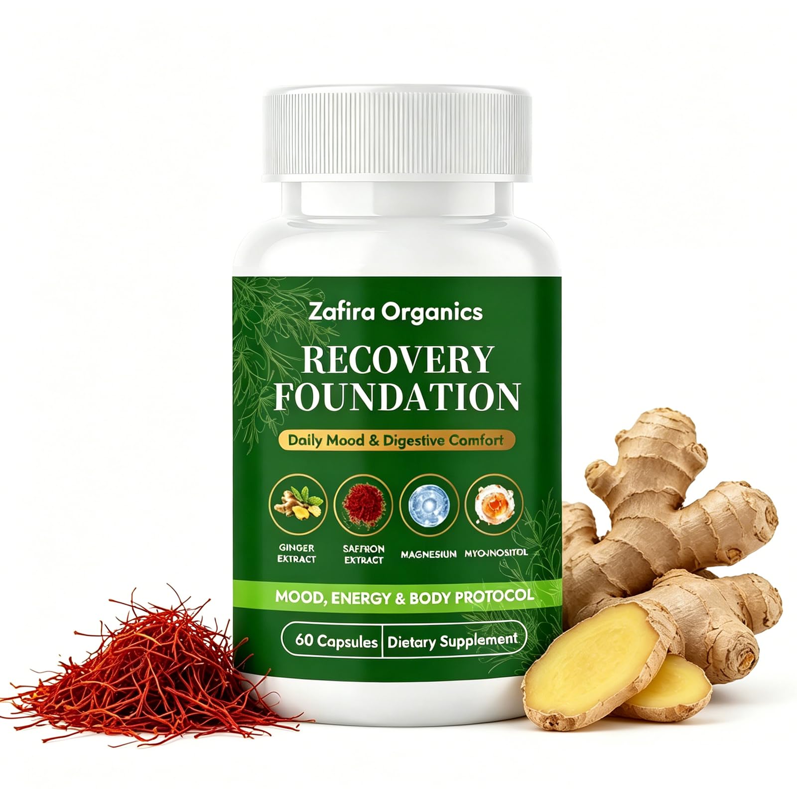 zafira organics frasco delantero mostrando diseño claro y beneficio de energía