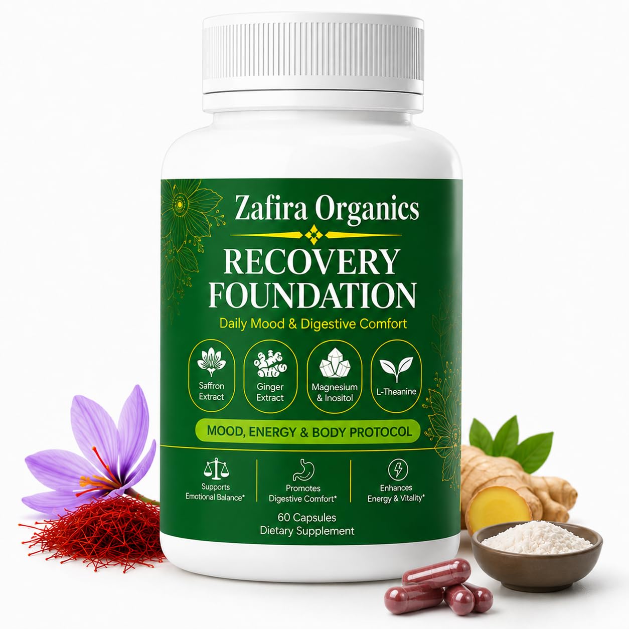 Zafira Organics frasco frontal mostrando la presentación y beneficios visibles