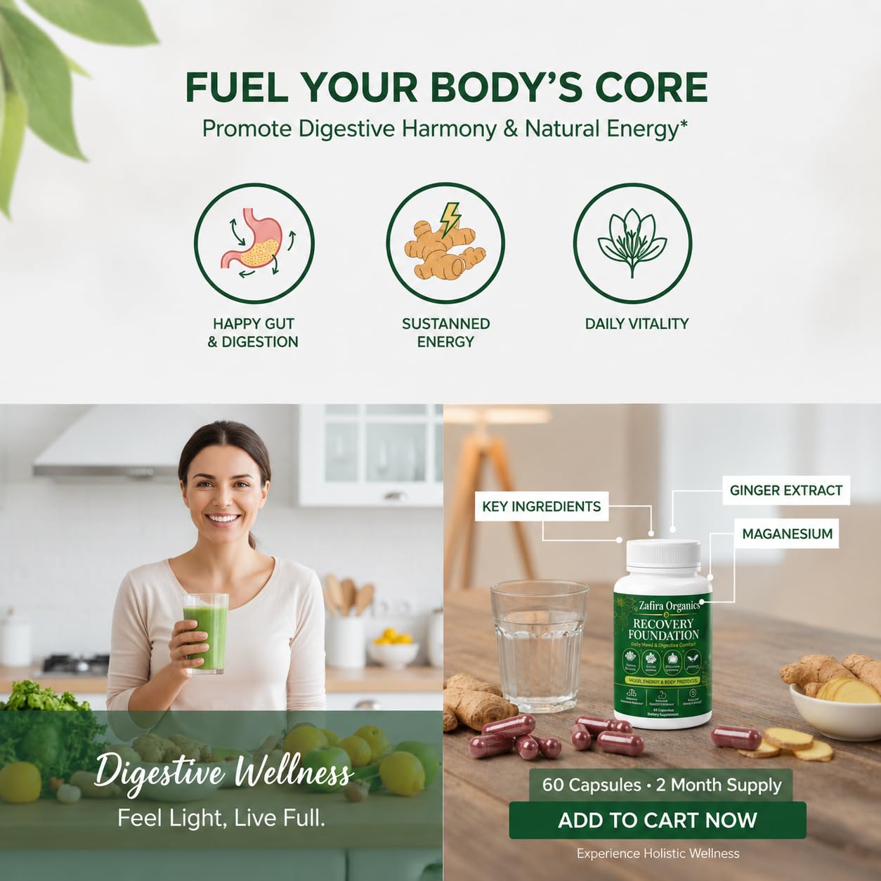 Zafira Organics raíz de jengibre para digestión y confort natural