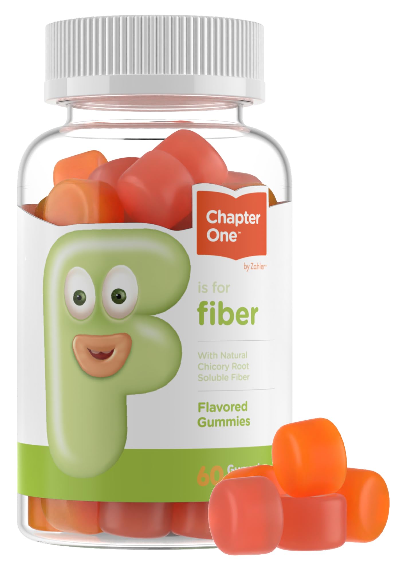 Zahler frasco delantero de Chapter One Fiber Gummies mostrando el envase claro y beneficios