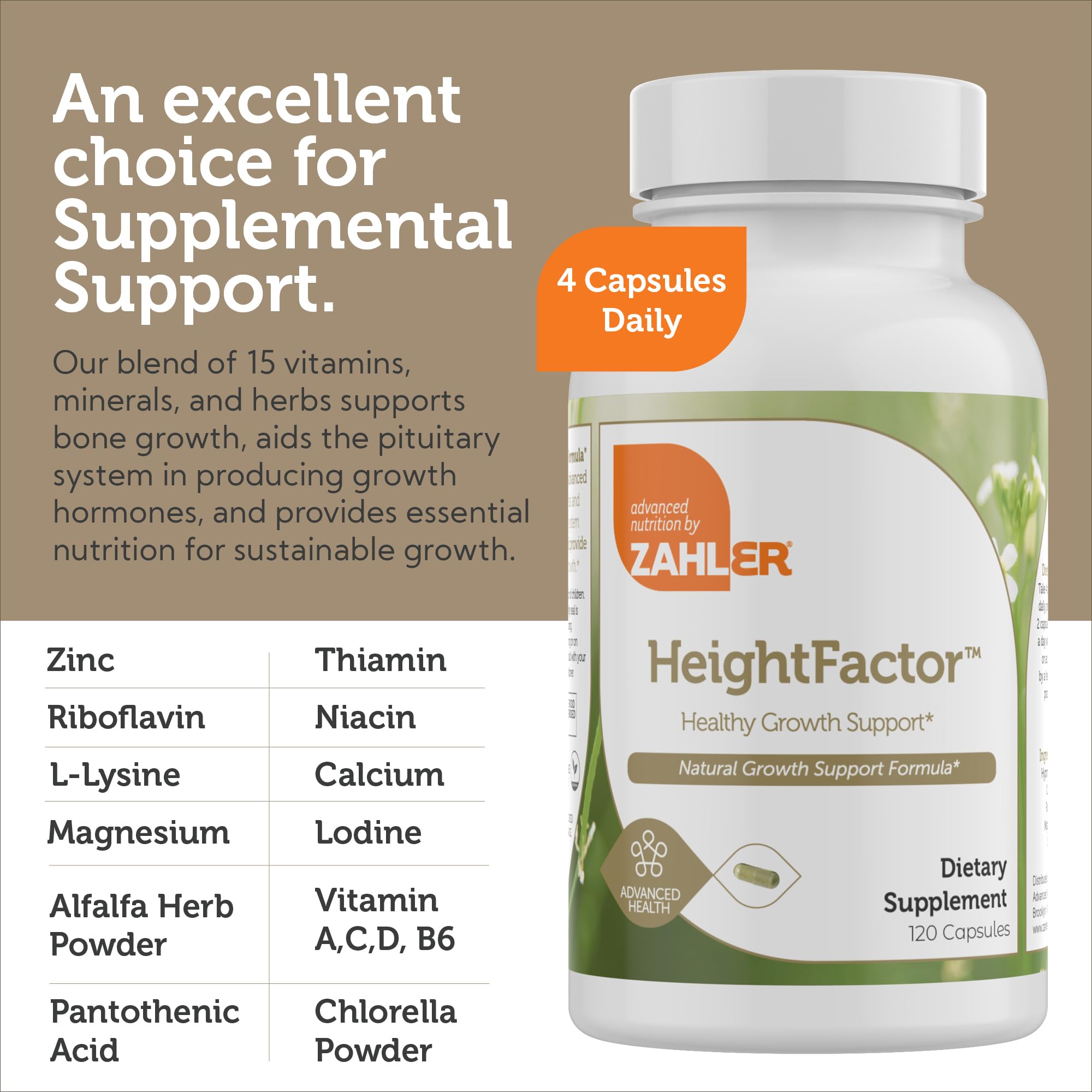 Envase Zahler Height Factor en mano para comparar tamaño y cantidad de 120 cápsulas