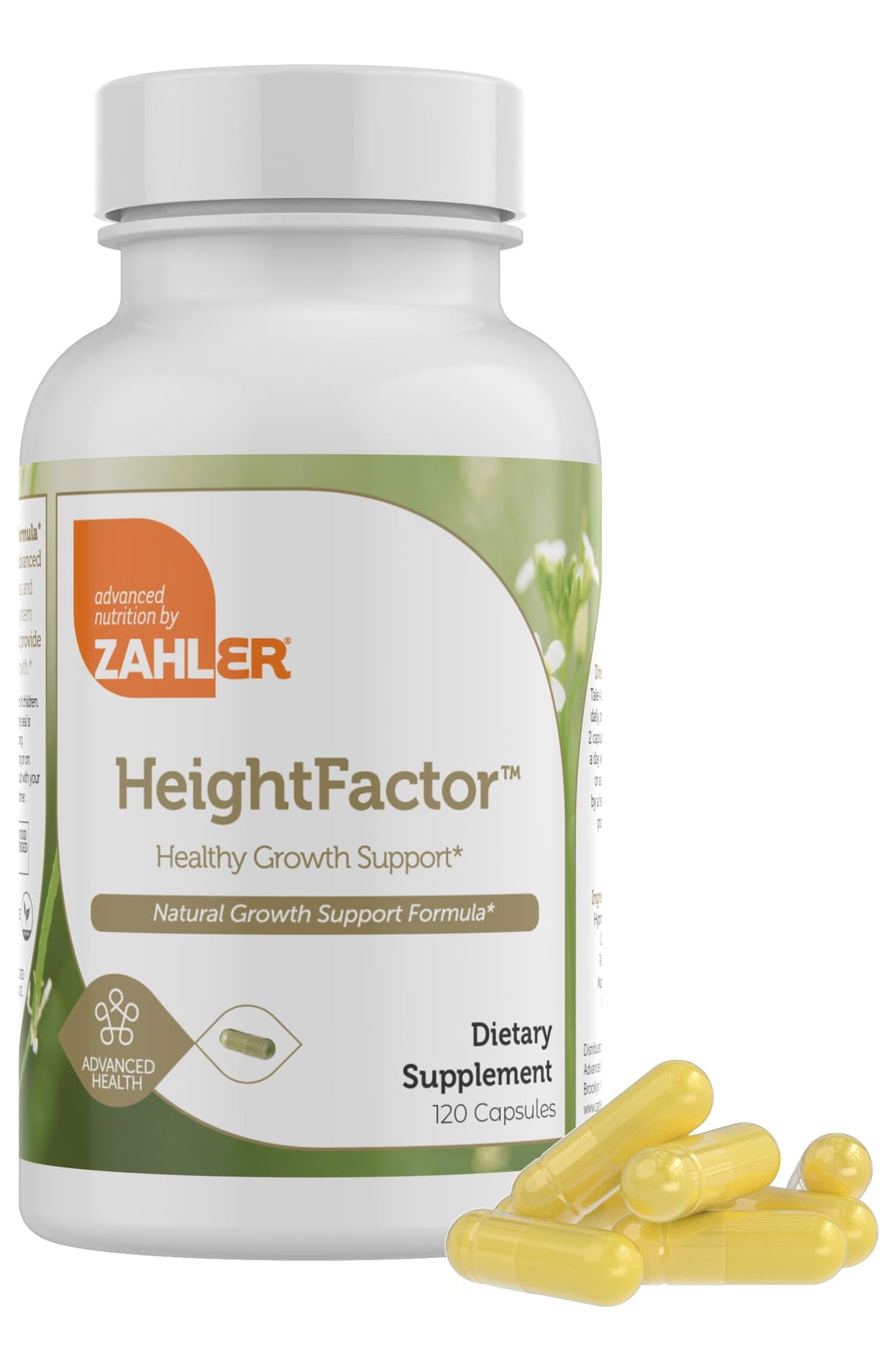 Zahler Height Factor vista frontal del envase mostrando 120 cápsulas y beneficios