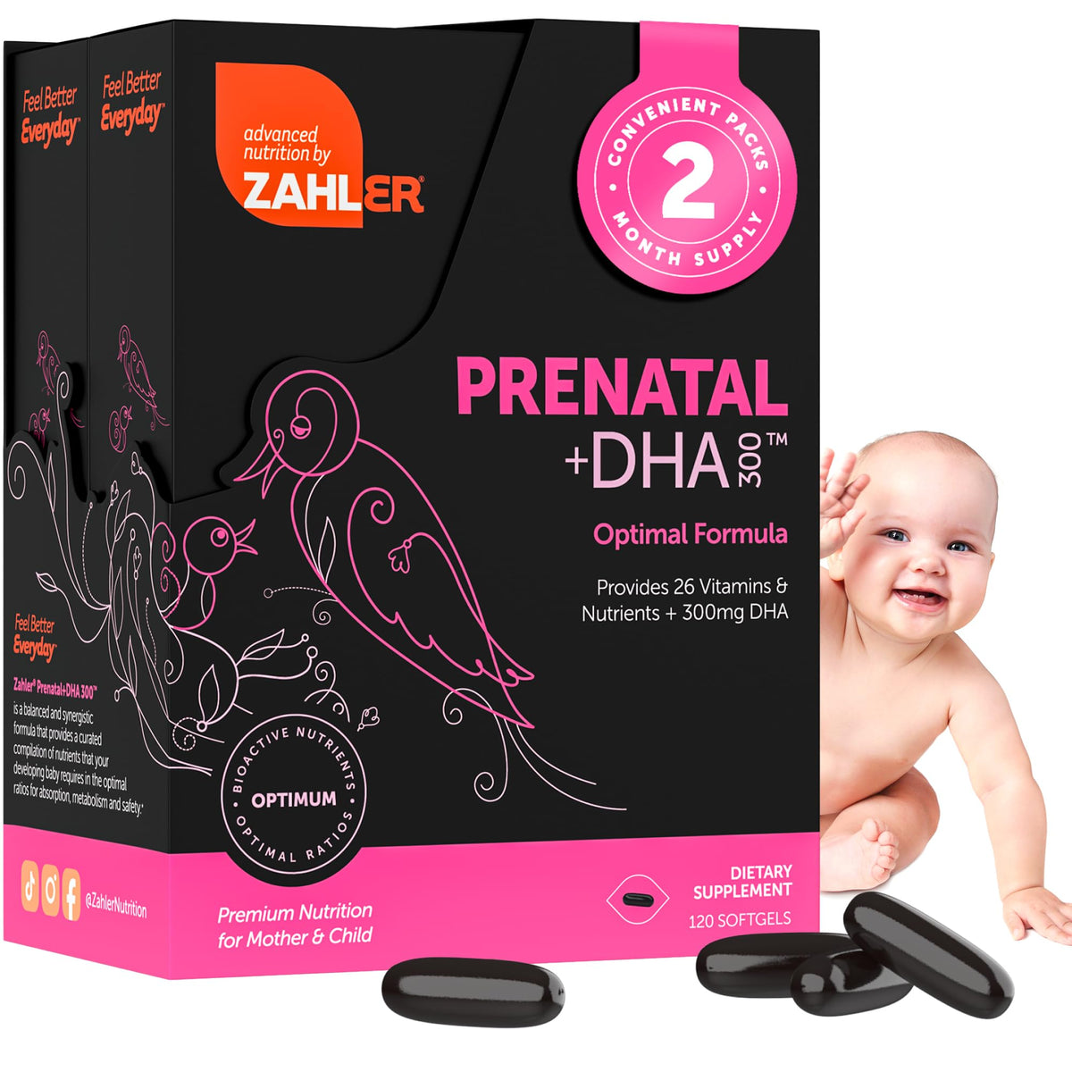 Zahler frasco frontal con diseño claro y beneficio de nutrición prenatal