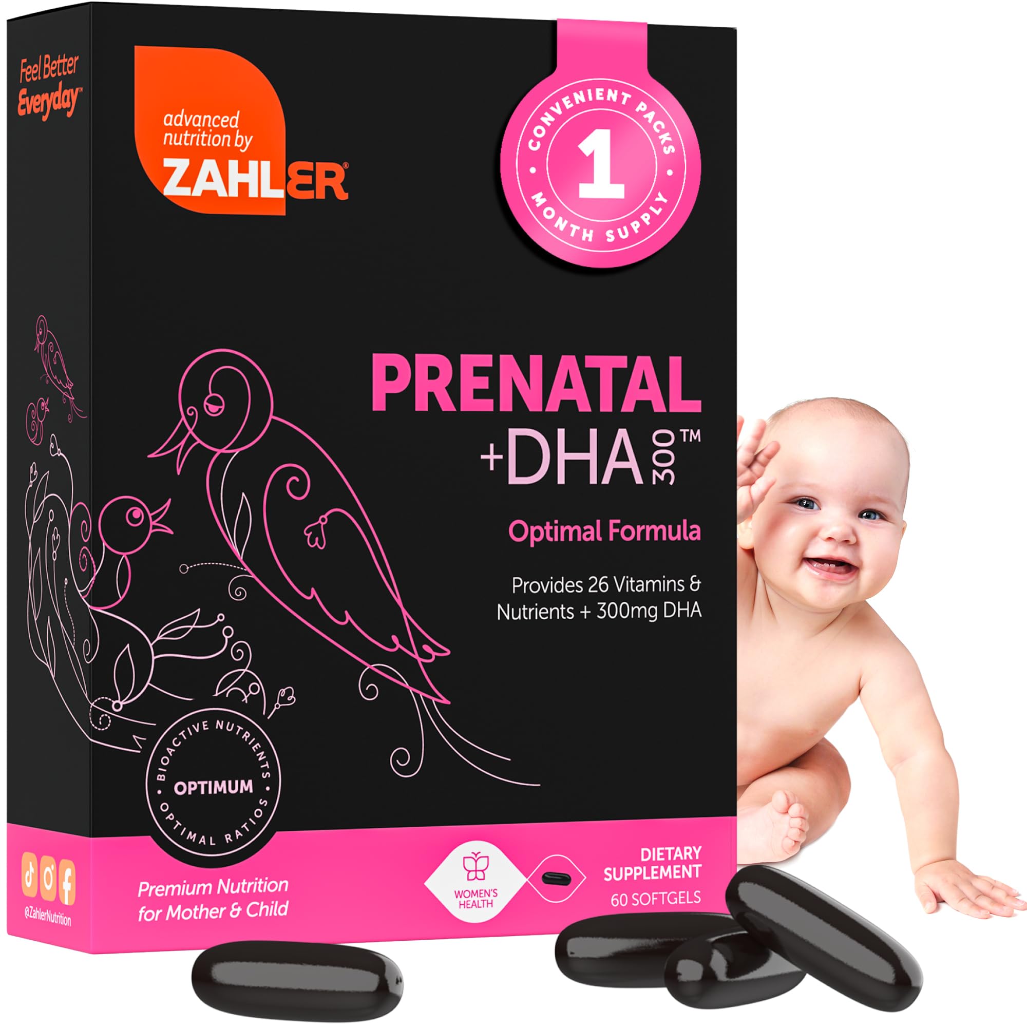 Zahler Prenatal +DHA 300 vista frontal del envase mostrando beneficios