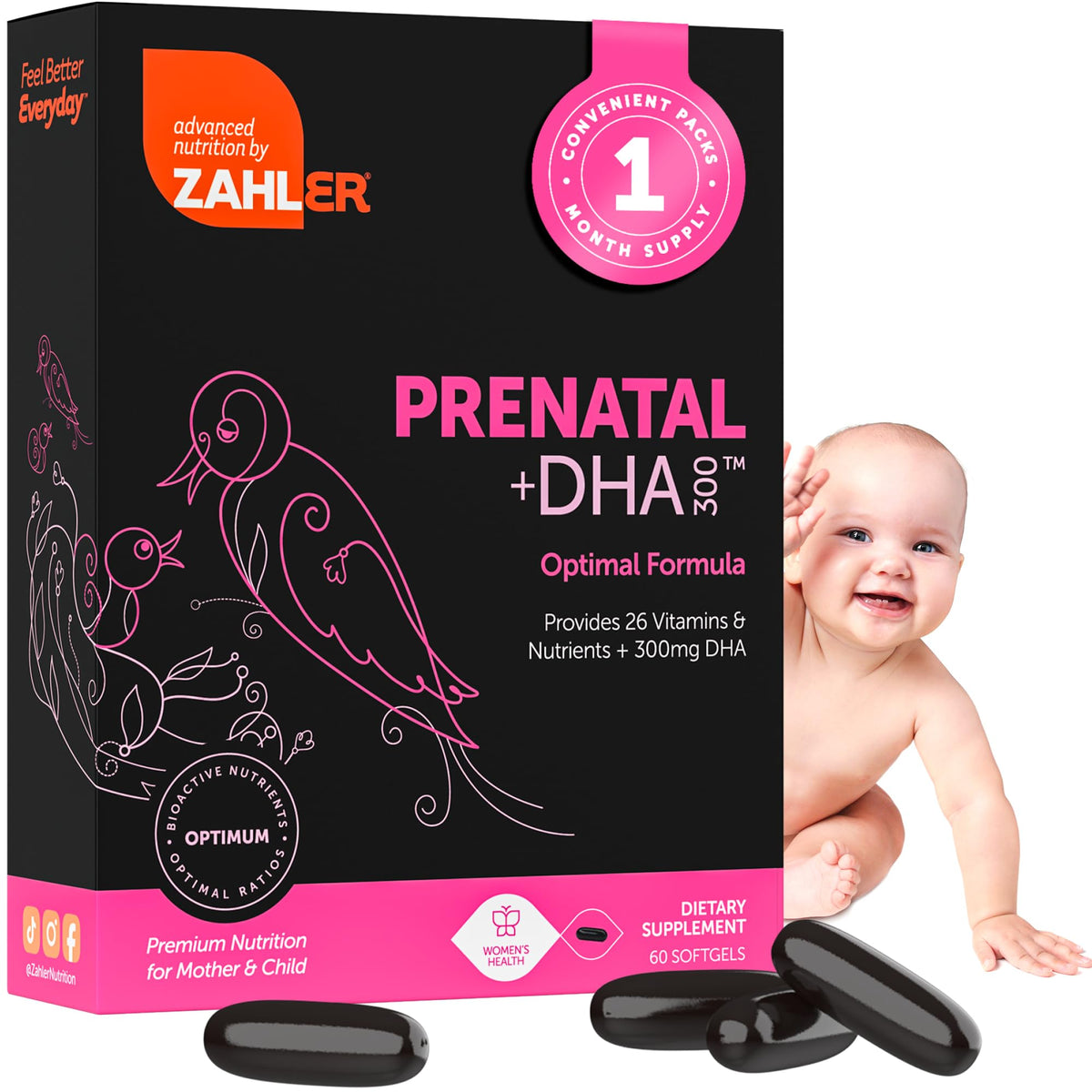 Zahler Prenatal +DHA 300 vista frontal del envase mostrando beneficios